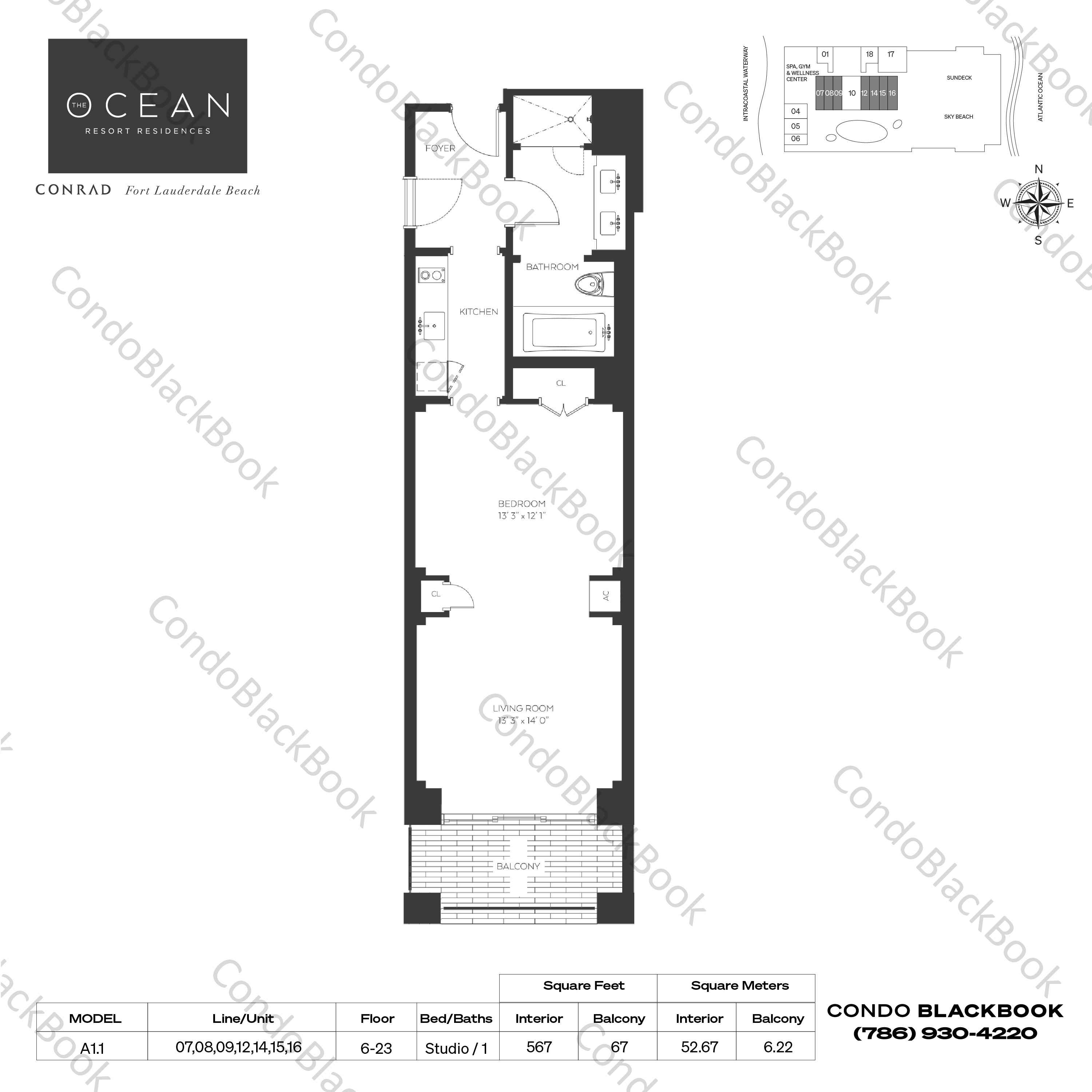 Floor plan for The Ocean Resort Residences (Conrad) Fort Lauderdale, model A1.1, line 07,08,09,12,14,15,16, Studio / 1 bedrooms, 567 sq ft