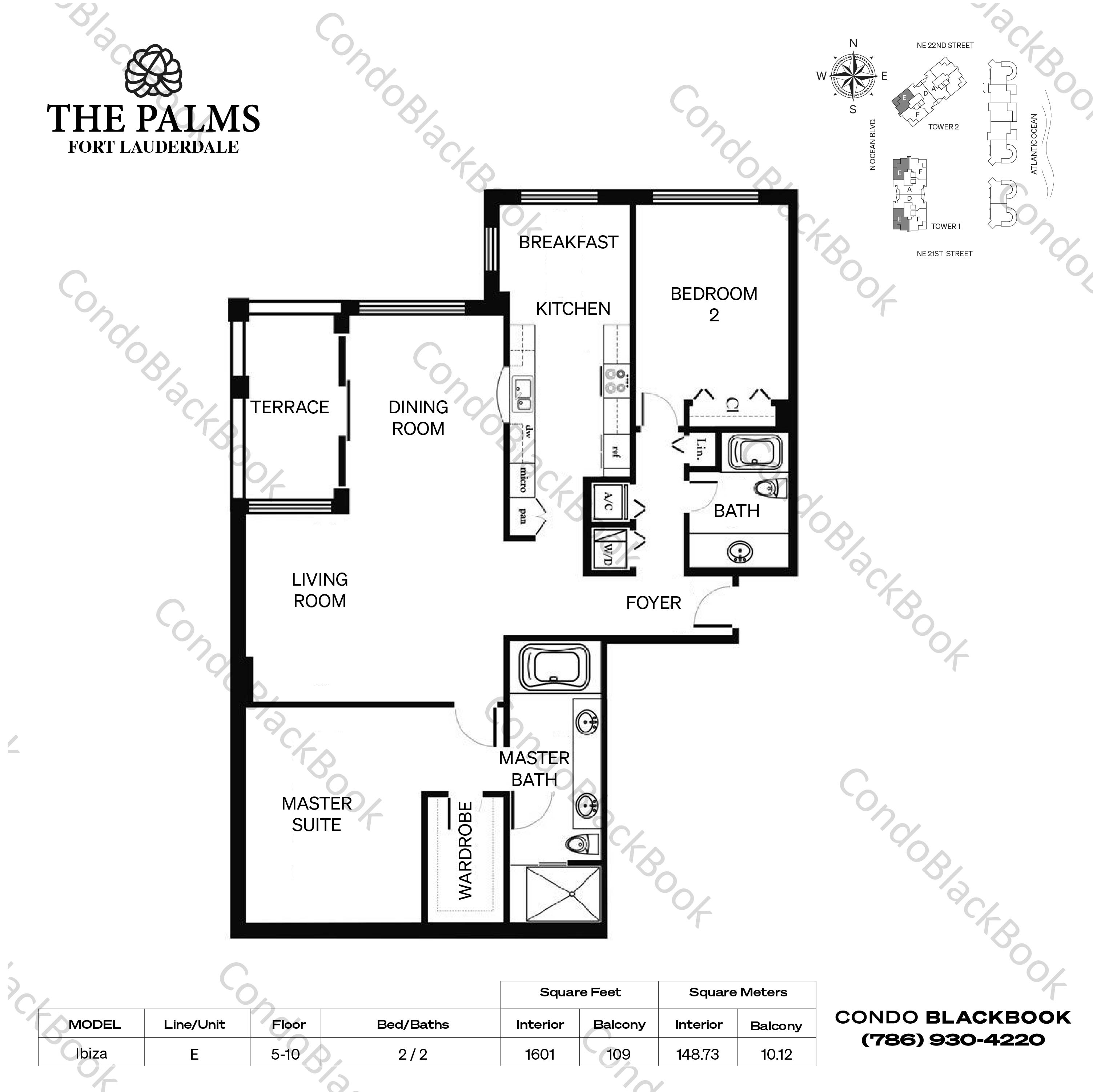 Floor plan for The Palms Fort Lauderdale Fort Lauderdale, model Ibiza, line E, 2 / 2 bedrooms, 1601 sq ft