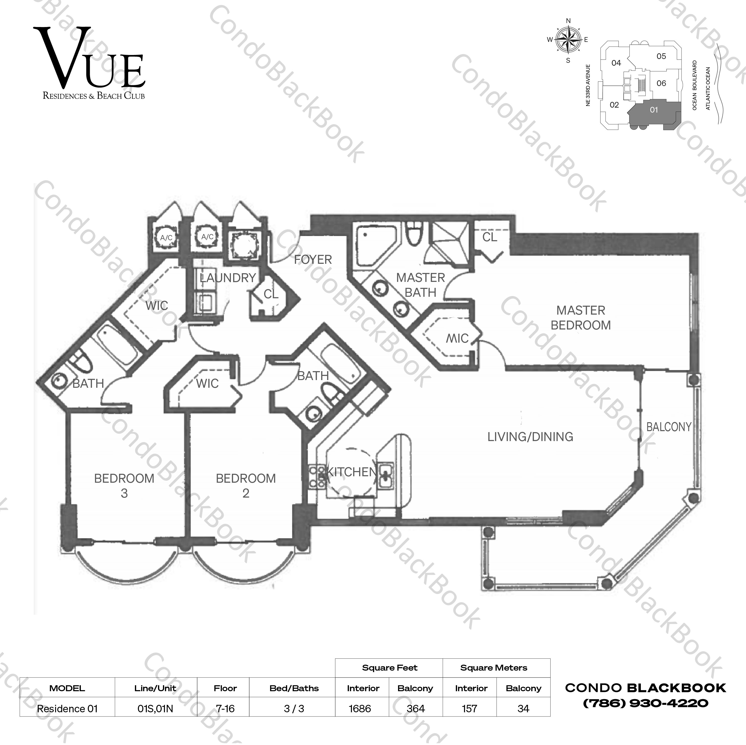 Floor plan for The Vue Fort Lauderdale, model Residence 01, line 01S,01N, 3 / 3 bedrooms, 1686 sq ft
