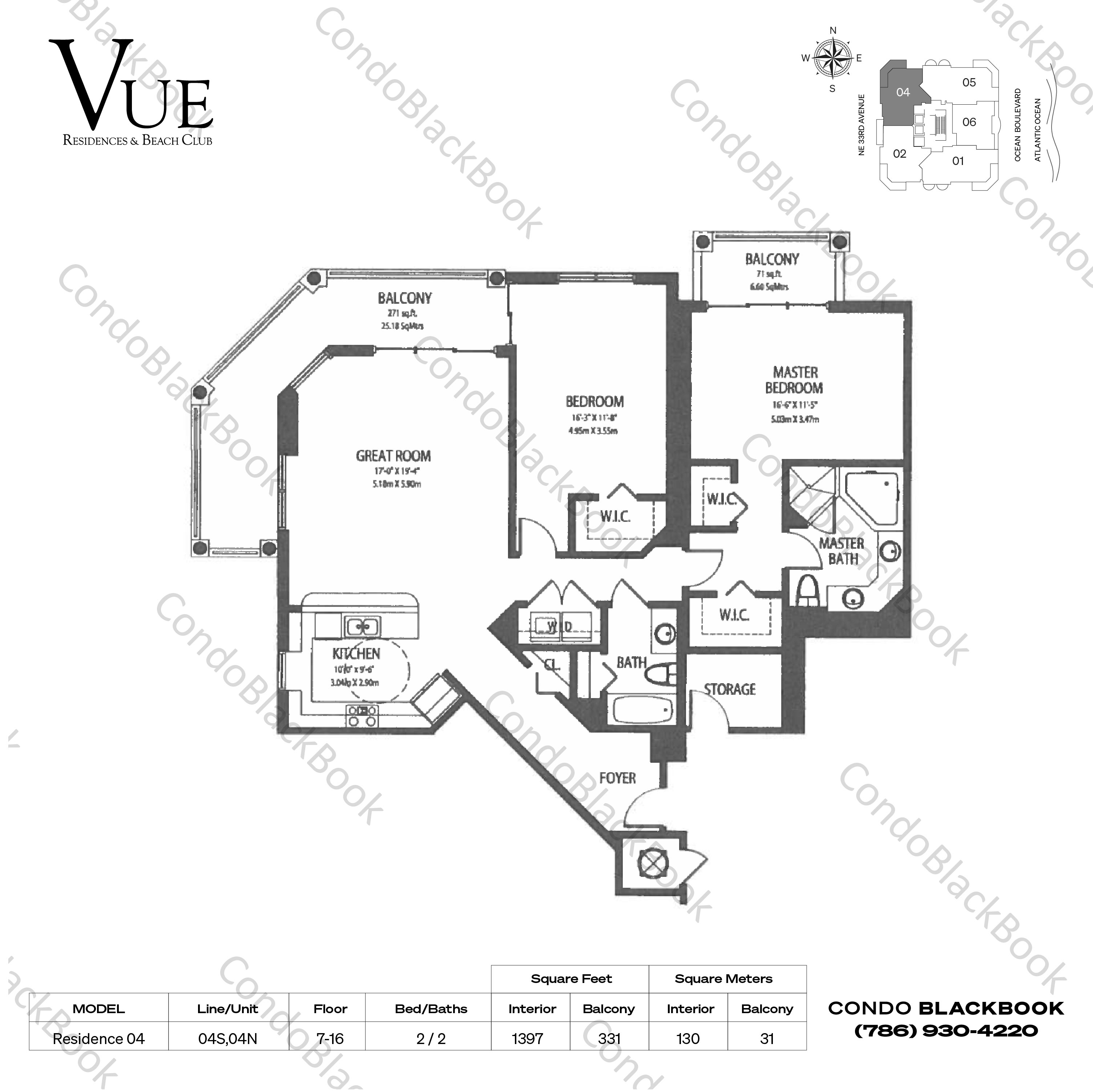 Floor plan for The Vue Fort Lauderdale, model Residence 04, line 04S,04N, 2 / 2 bedrooms, 1397 sq ft