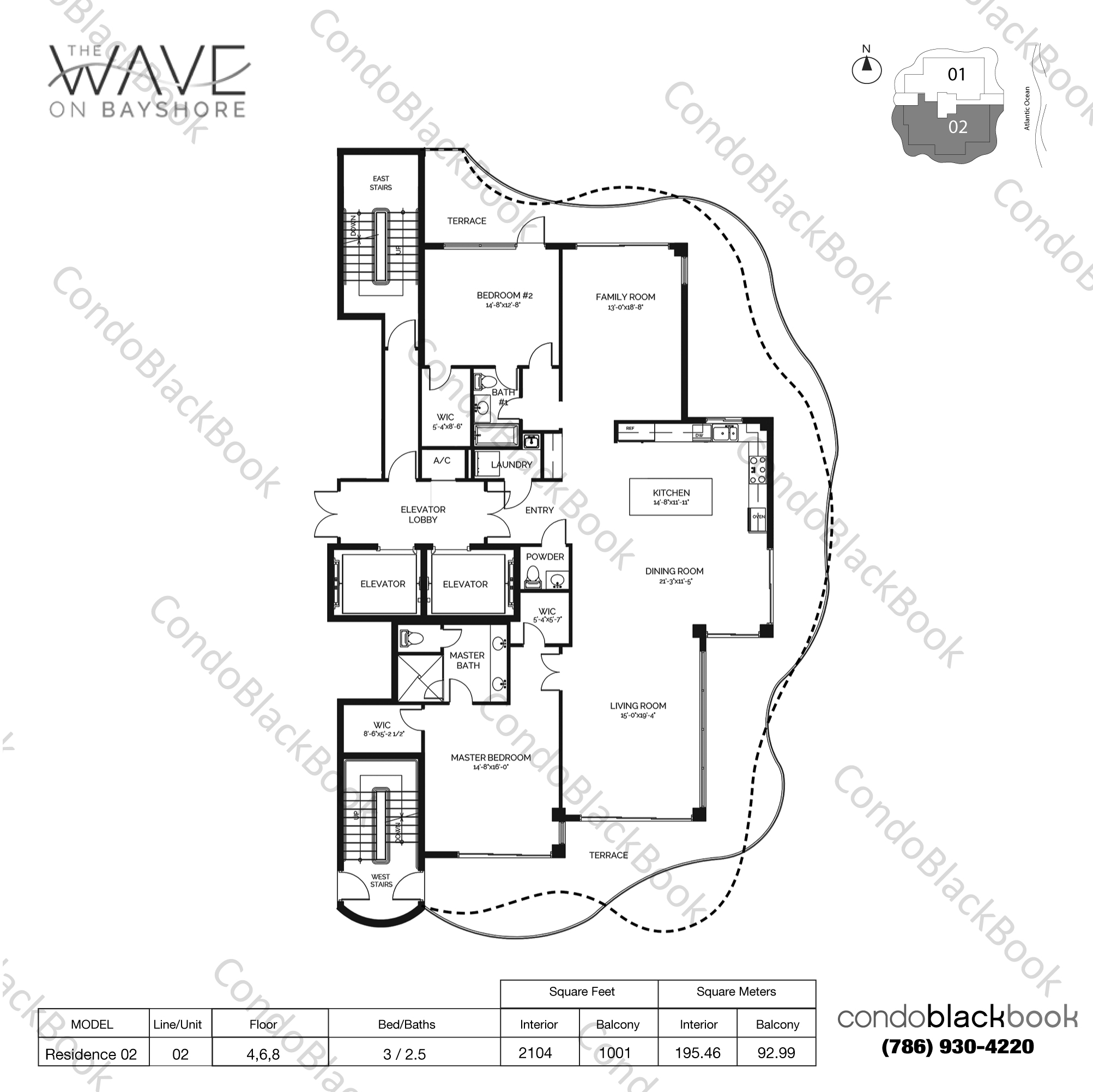 Floor plan for The Wave on Bayshore Fort Lauderdale, model Residence 02, line 02, 3 / 2.5 bedrooms, 2104 sq ft
