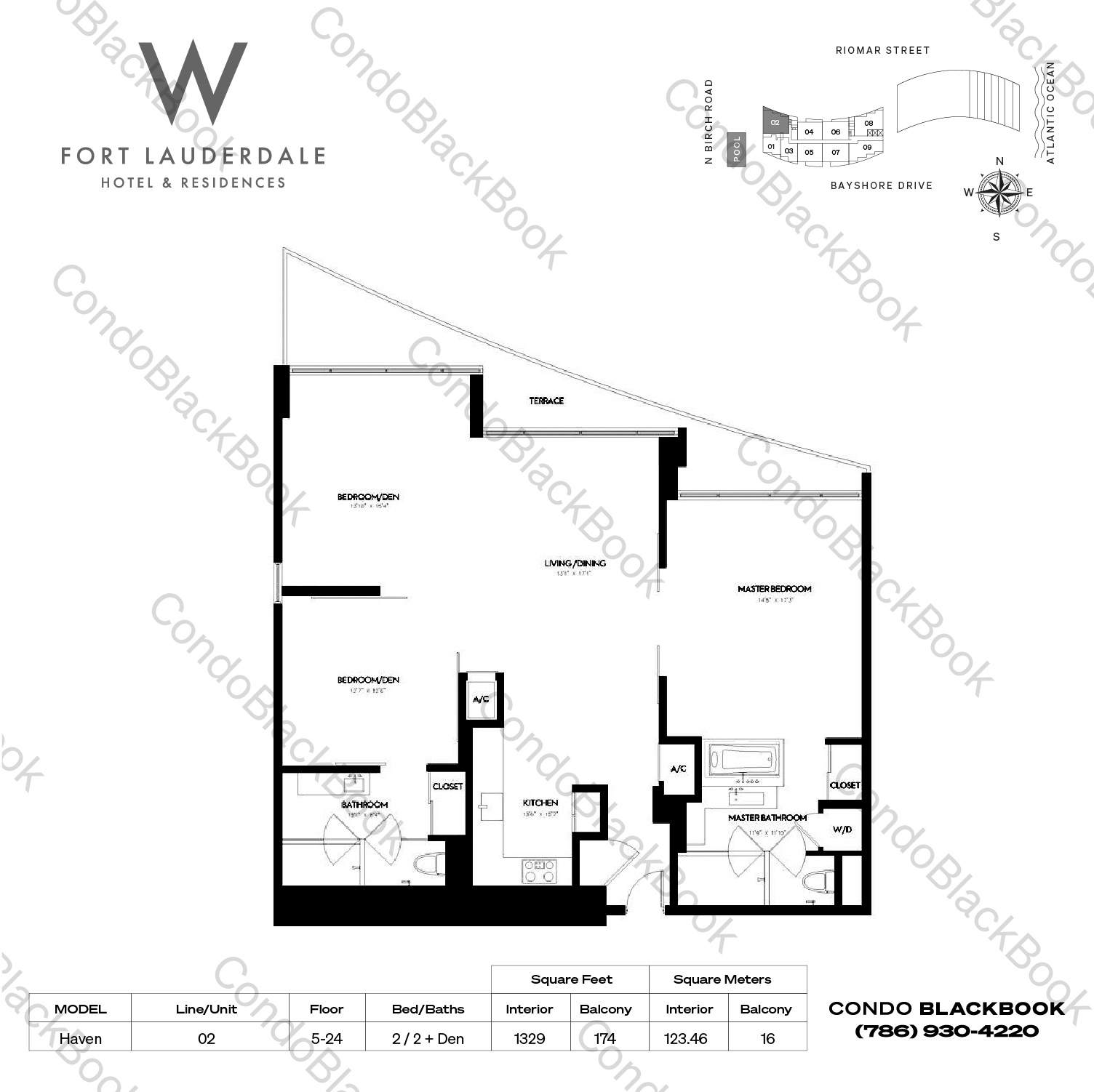 Floor plan for W Residences Ft Lauderdale Fort Lauderdale, model Haven, line 02, 2 / 2 + Den bedrooms, 1329 sq ft