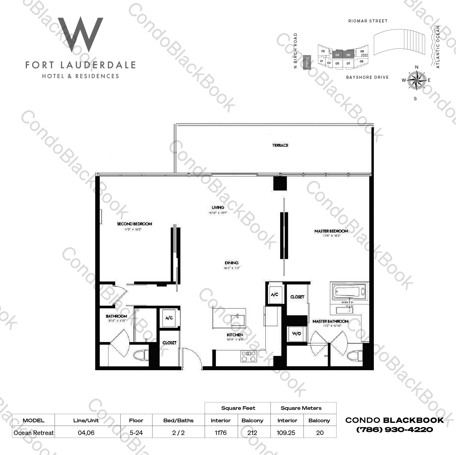 Floor plan for W Residences Ft Lauderdale Fort Lauderdale, model Ocean Retreat, line 04,06, 2 / 2 bedrooms, 1176 sq ft