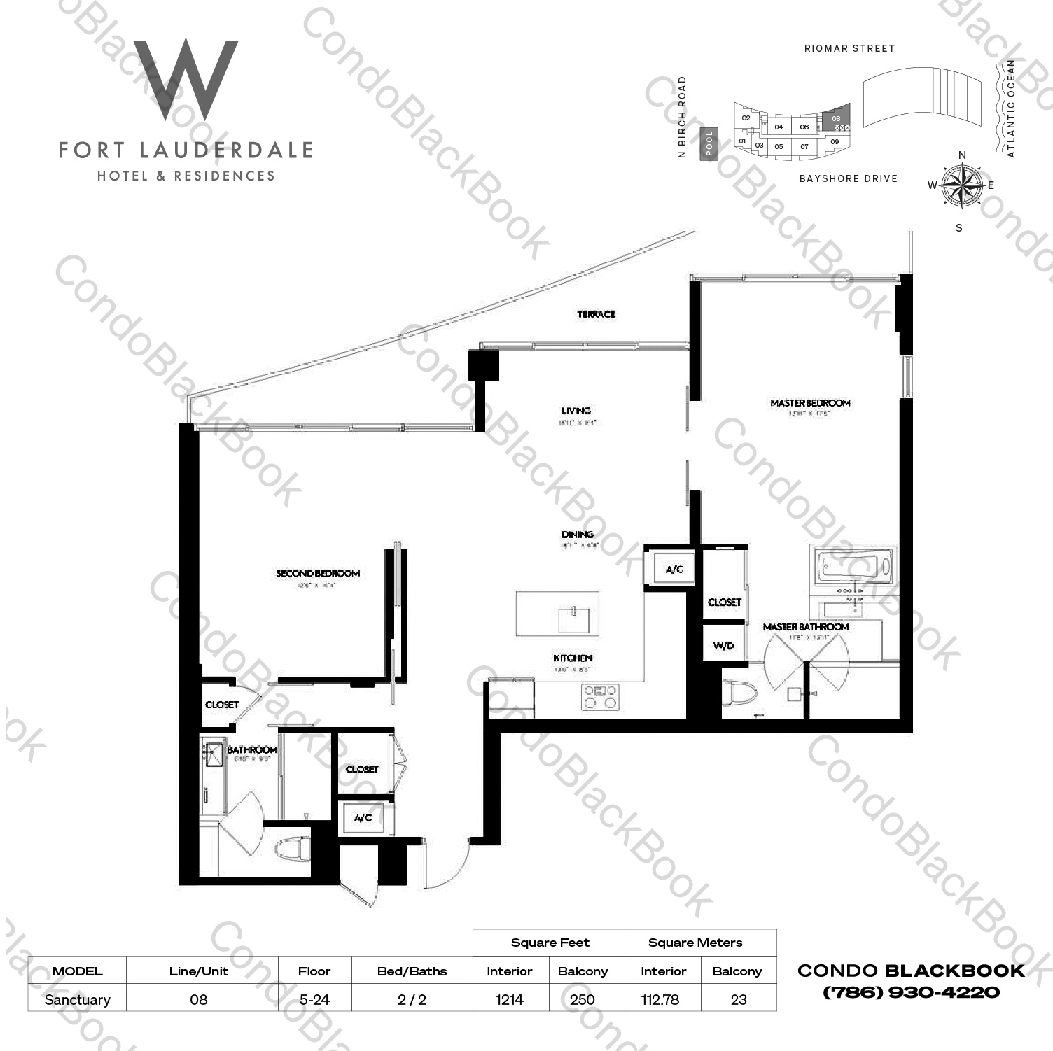 Floor plan for W Residences Ft Lauderdale Fort Lauderdale, model Sanctuary, line 08, 2 / 2 bedrooms, 1214 sq ft
