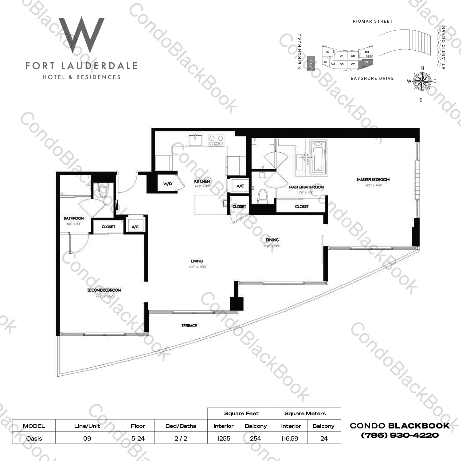 Floor plan for W Residences Ft Lauderdale Fort Lauderdale, model Oasis, line 09, 2 / 2 bedrooms, 1255 sq ft
