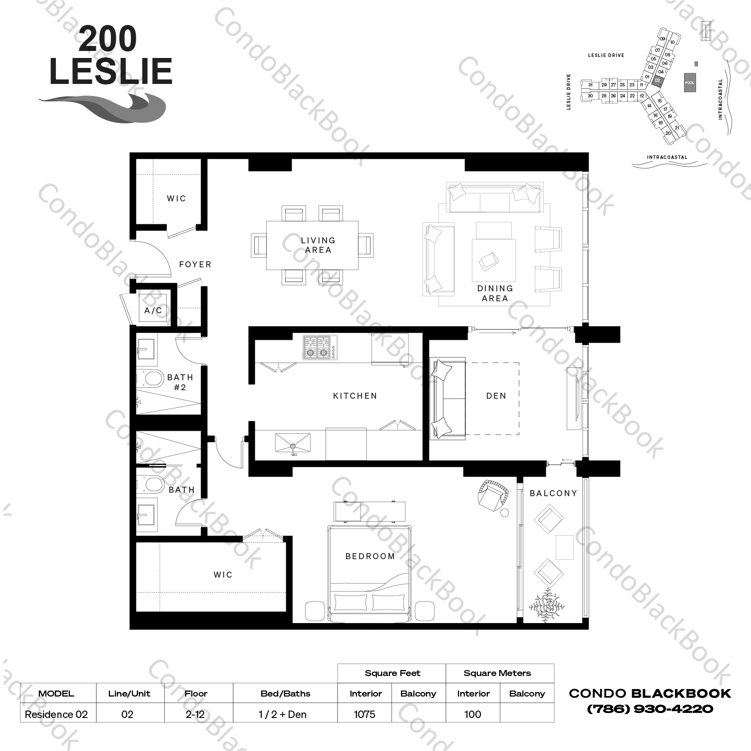 Floor plan for 200 Leslie Condo Hallandale Beach, model Residence 02, line 02, 1 / 2 + Den bedrooms, 1075 sq ft