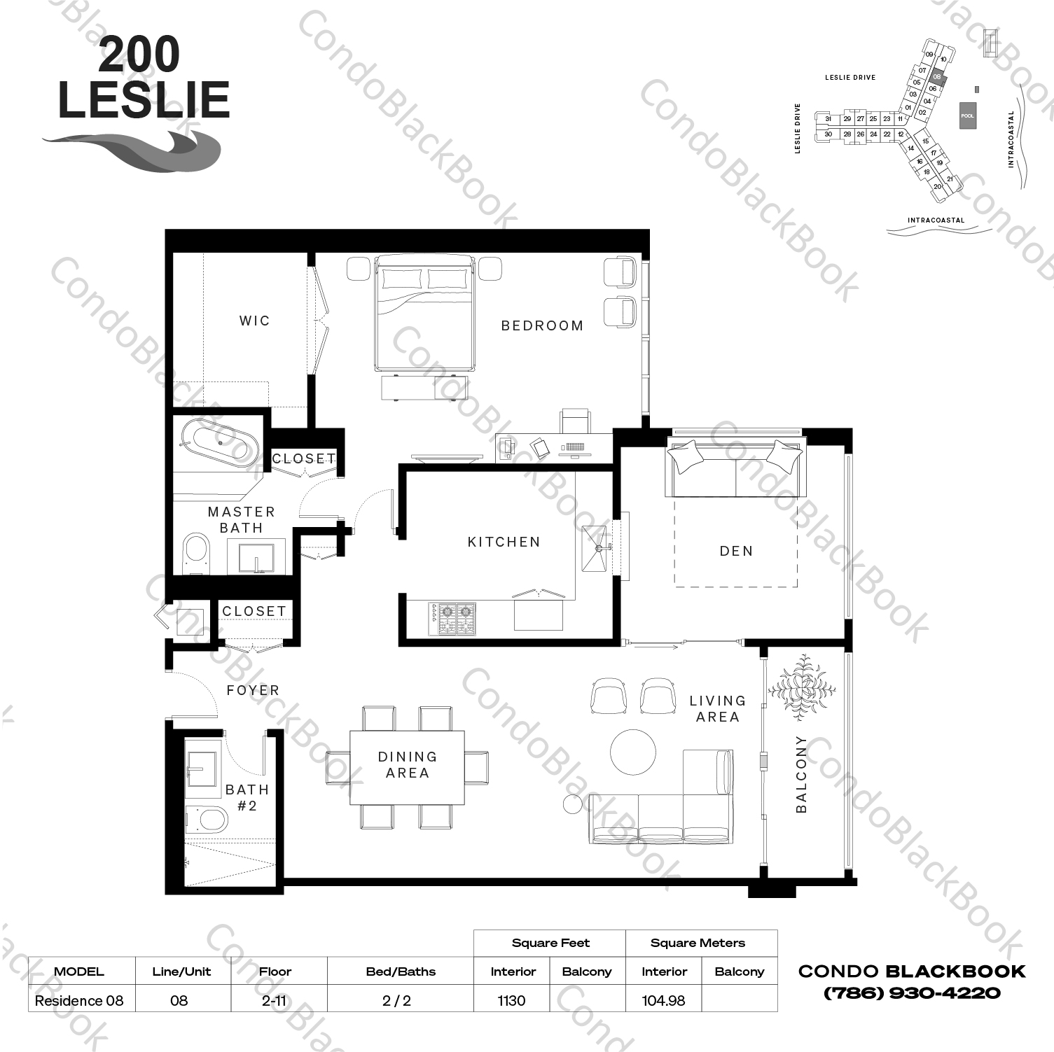 Floor plan for 200 Leslie Condo Hallandale Beach, model Residence 08, line 08, 2 / 2 bedrooms, 1130 sq ft
