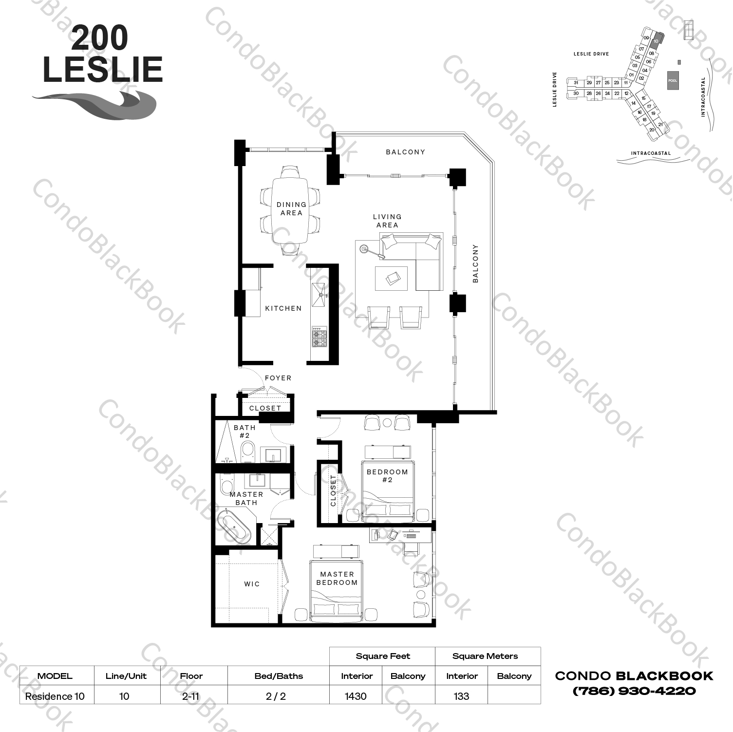 Floor plan for 200 Leslie Condo Hallandale Beach, model Residence 10, line 10, 2 / 2 bedrooms, 1430 sq ft