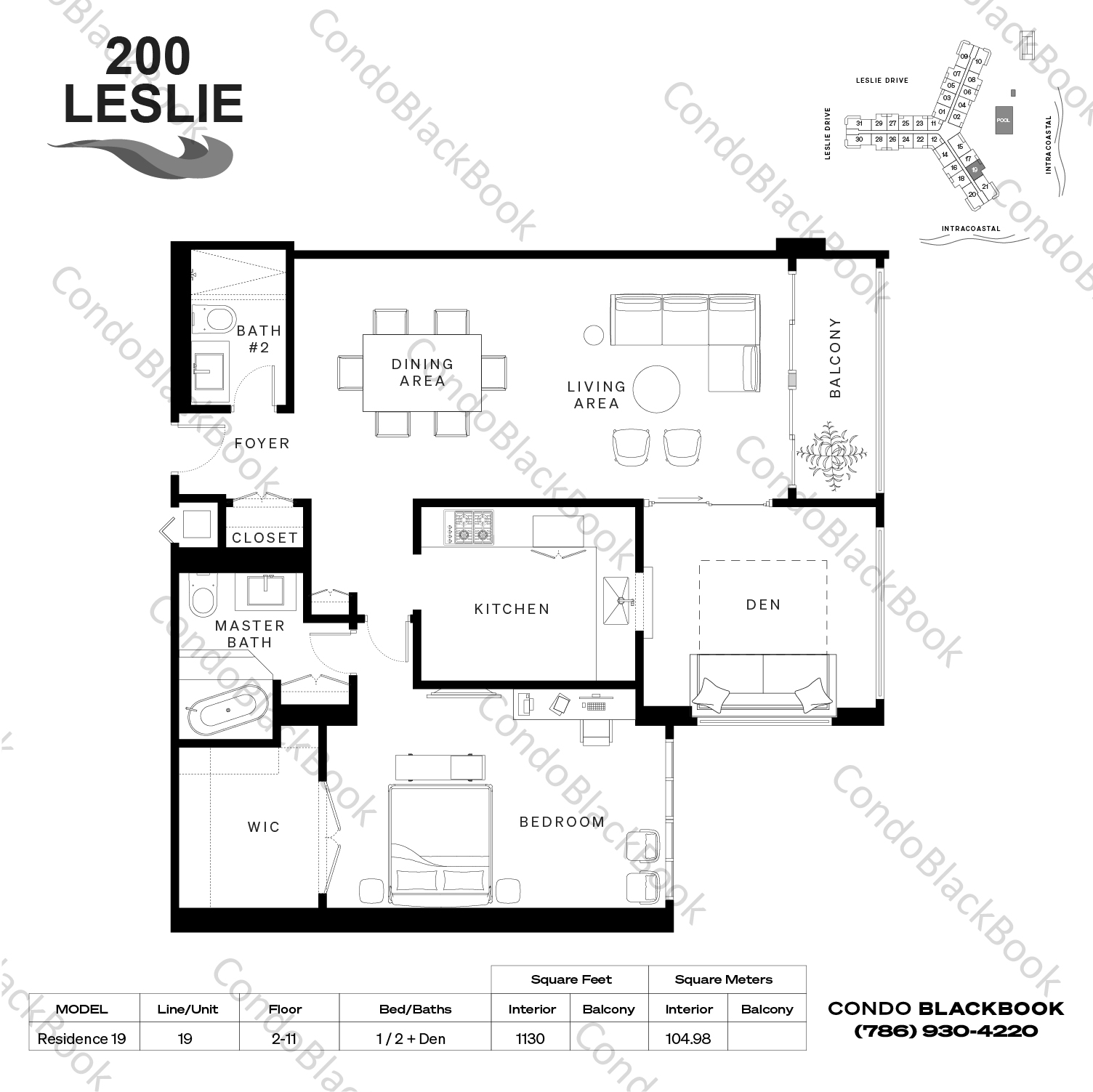 Floor plan for 200 Leslie Condo Hallandale Beach, model Residence 19, line 19, 1 / 2 + Den bedrooms, 1130 sq ft