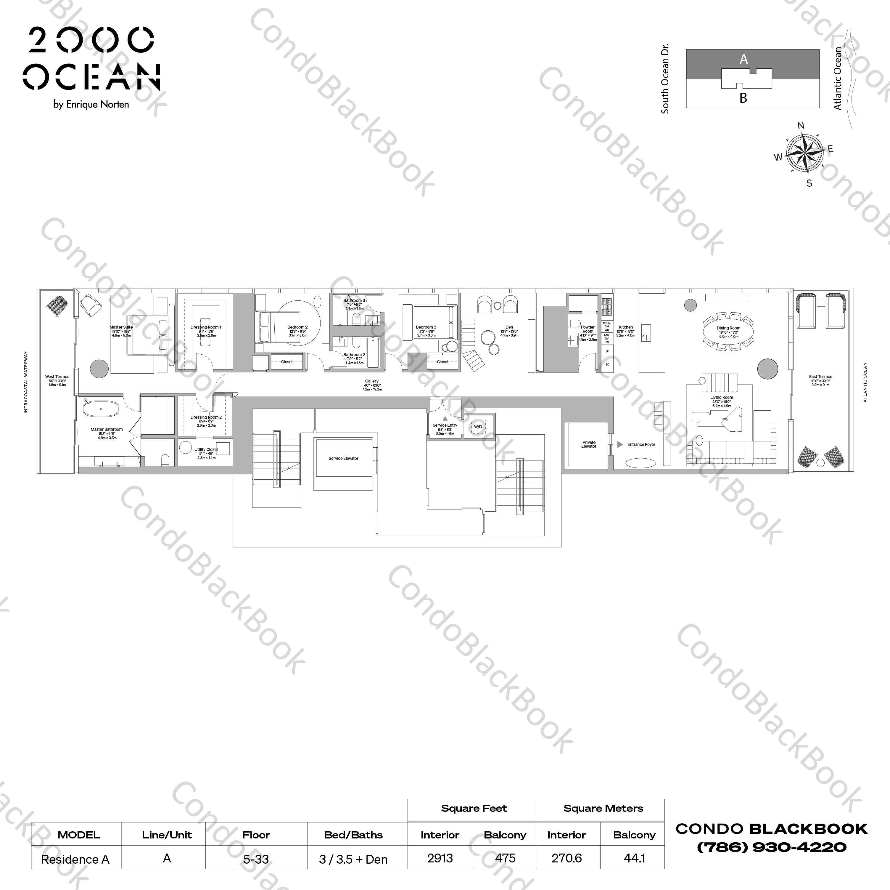 Floor plan for 2000 Ocean Hallandale Beach, model Residence A, line A, 01, 3 / 3.5 + Den bedrooms, 2913 sq ft