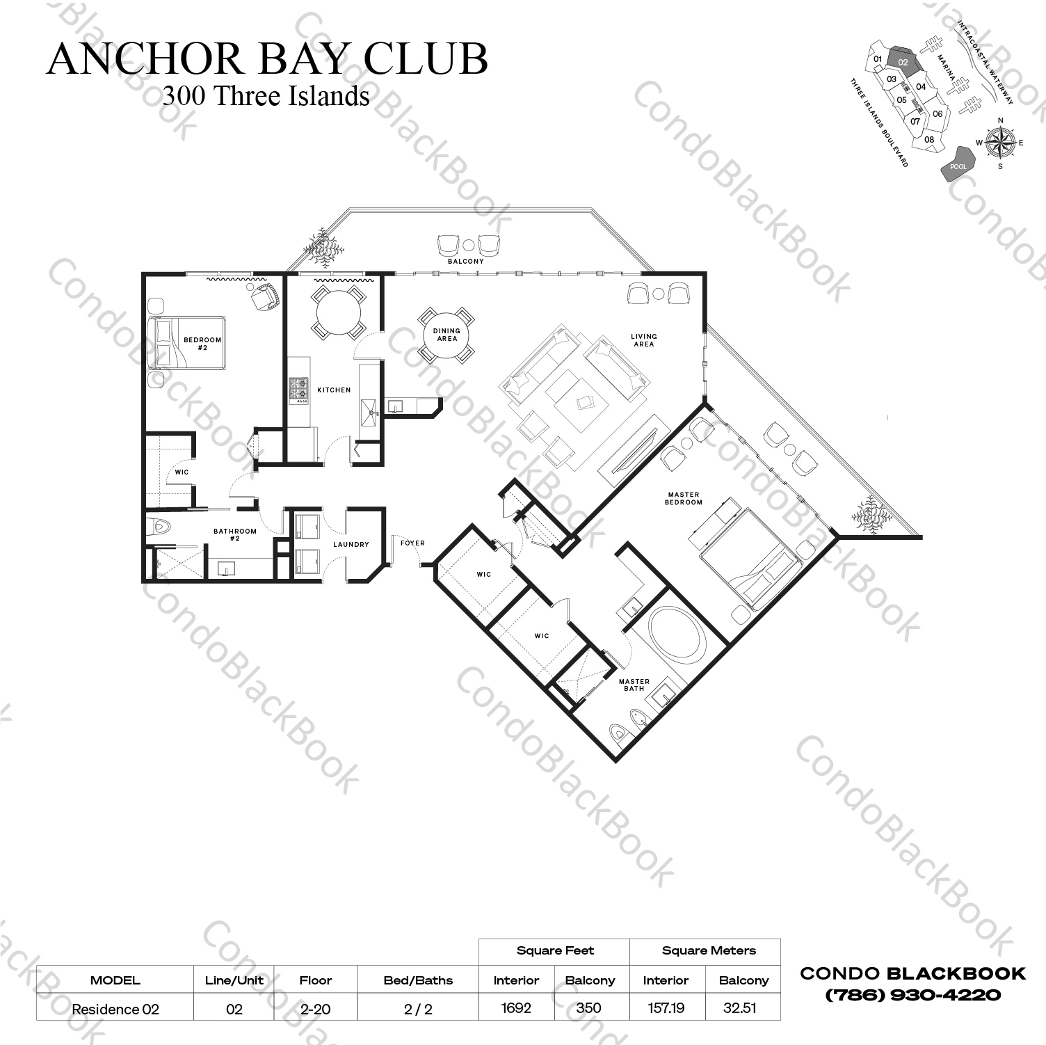 Floor plan for Anchor Bay Club Hallandale Beach, model Residence 02, line 11, 2 / 2 bedrooms, 1692 sq ft