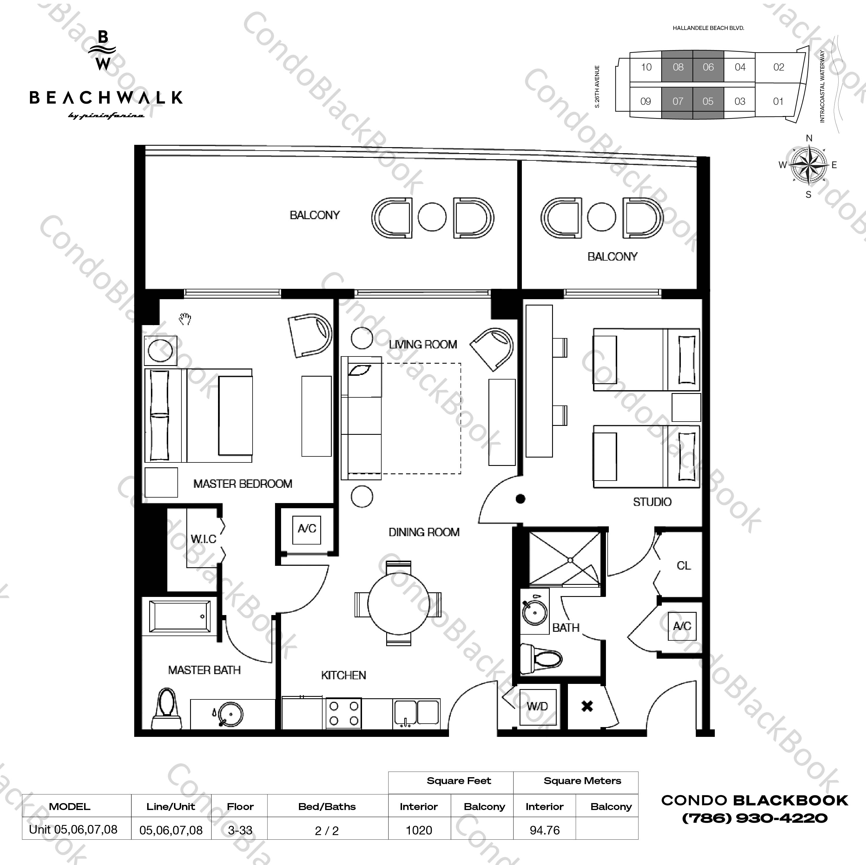 Floor plan for Beachwalk Hallandale Beach, model Unit 05,06,07,08, line 05,06,07,08, 2 / 2 bedrooms, 1020 sq ft