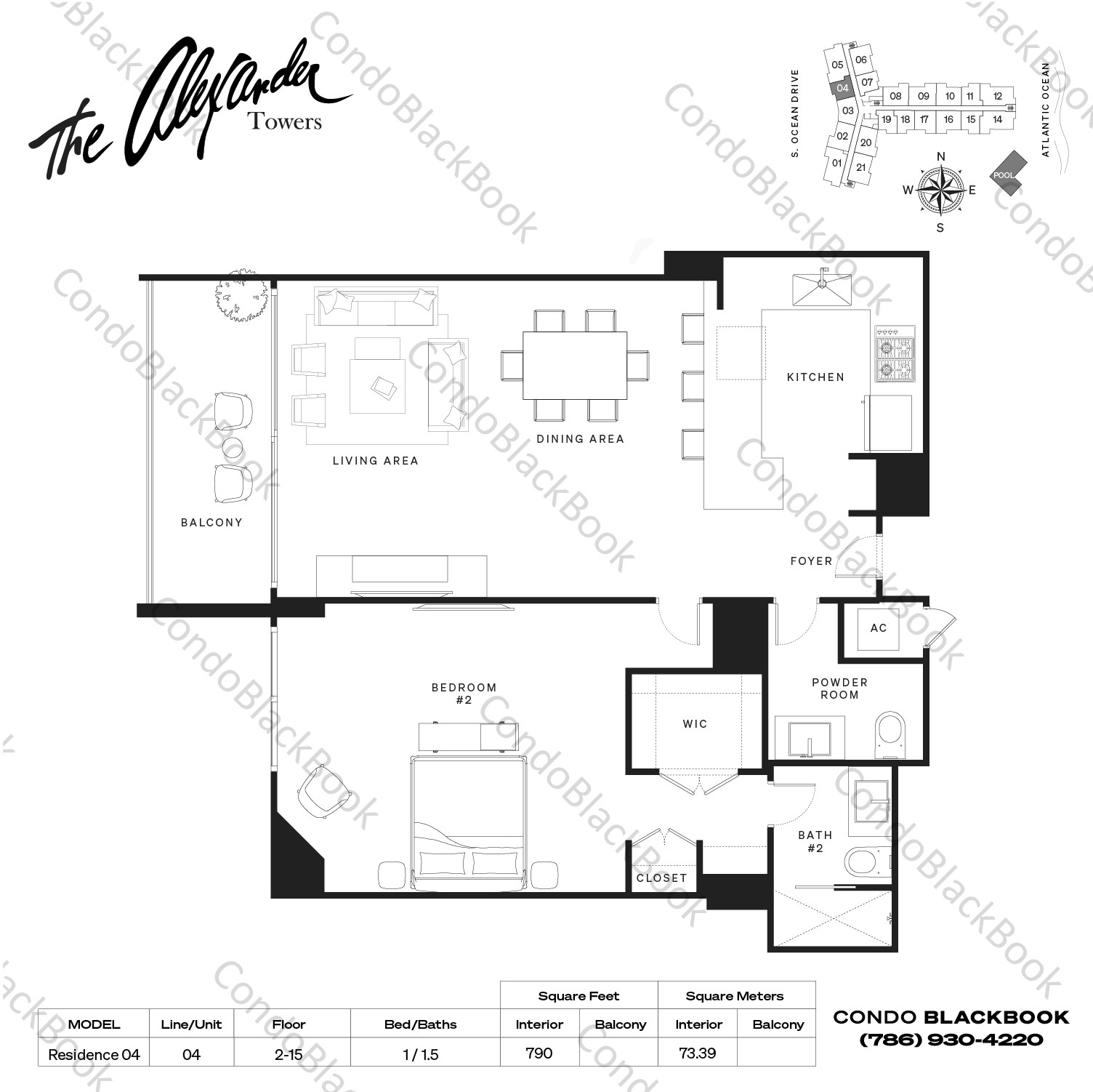 Floor plan for Alexander Towers Hollywood Beach Hollywood, model Residence 04, line 04, 1 / 1.5 bedrooms, 790 sq ft