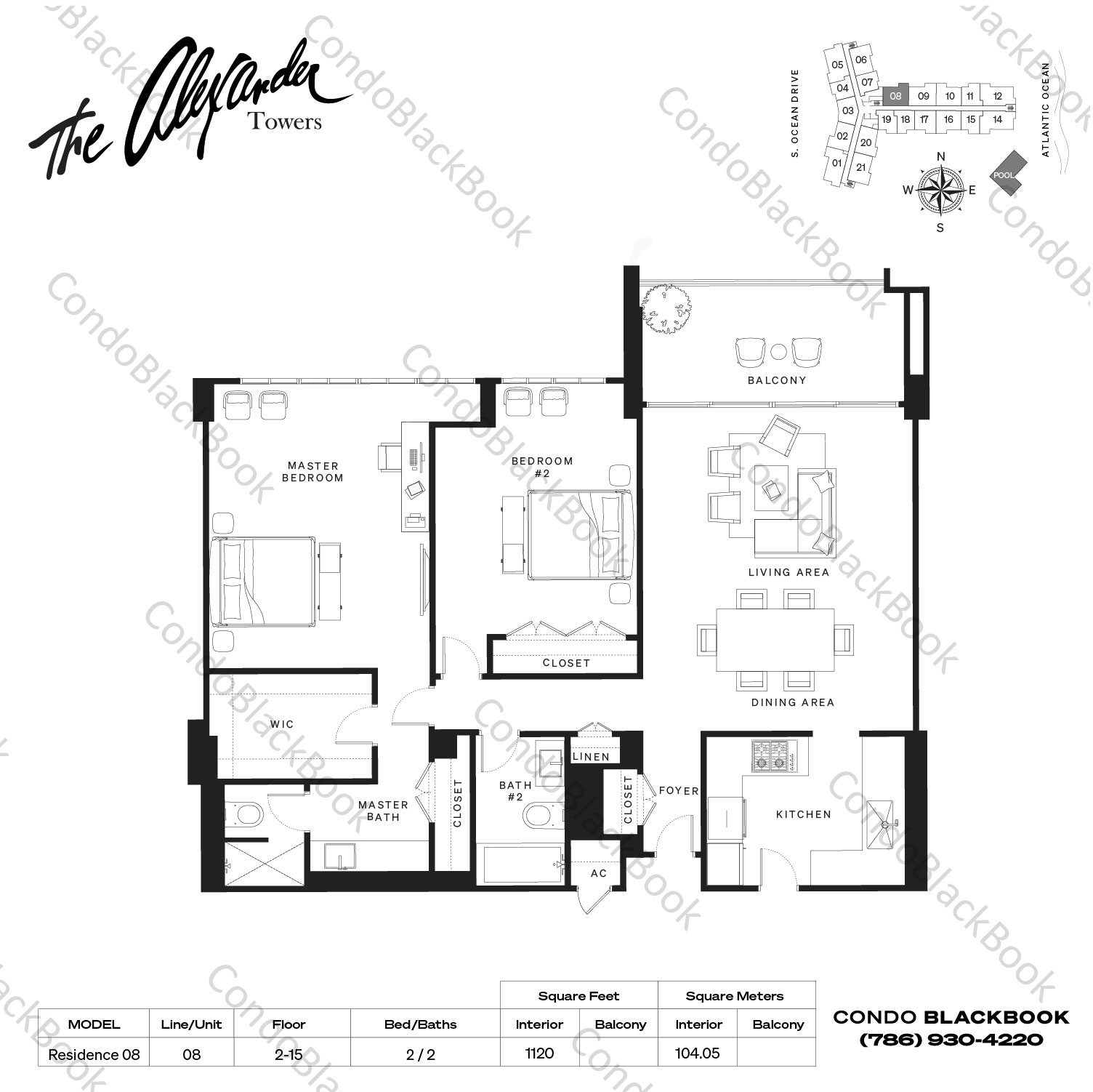 Floor plan for Alexander Towers Hollywood Beach Hollywood, model Residence 08, line 08, 2 / 2 bedrooms, 1120 sq ft