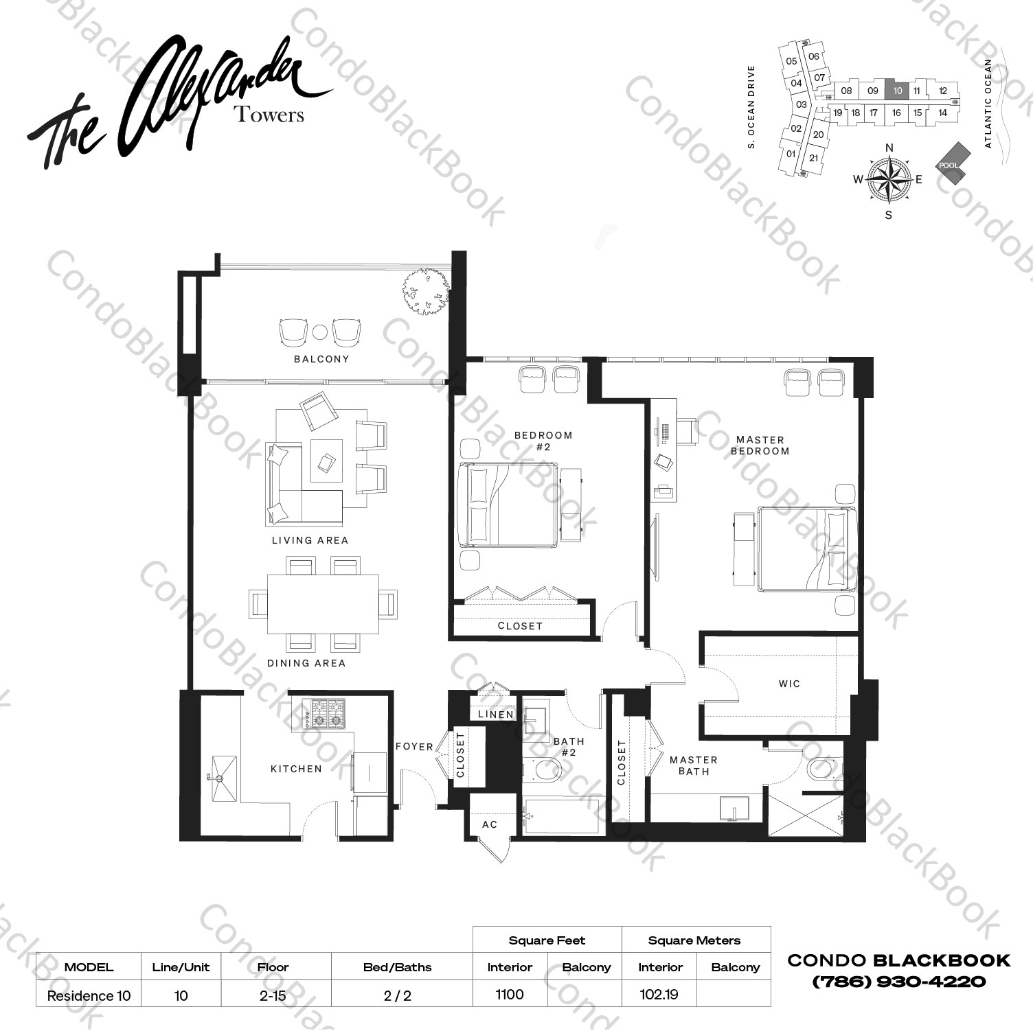 Floor plan for Alexander Towers Hollywood Beach Hollywood, model Residence 10, line 10, 2 / 2 bedrooms, 1100 sq ft