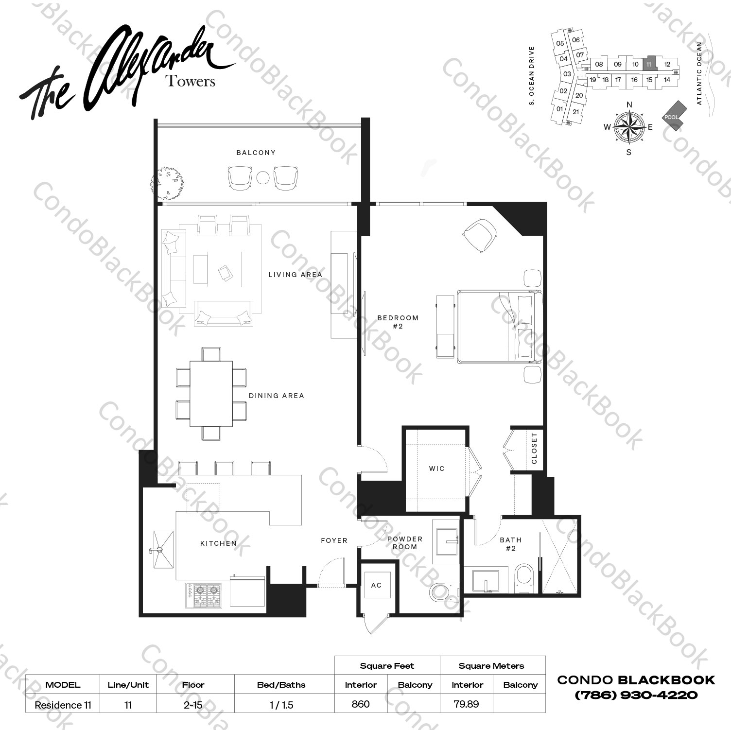 Floor plan for Alexander Towers Hollywood Beach Hollywood, model Residence 11, line 11, 1 / 1.5 bedrooms, 860 sq ft