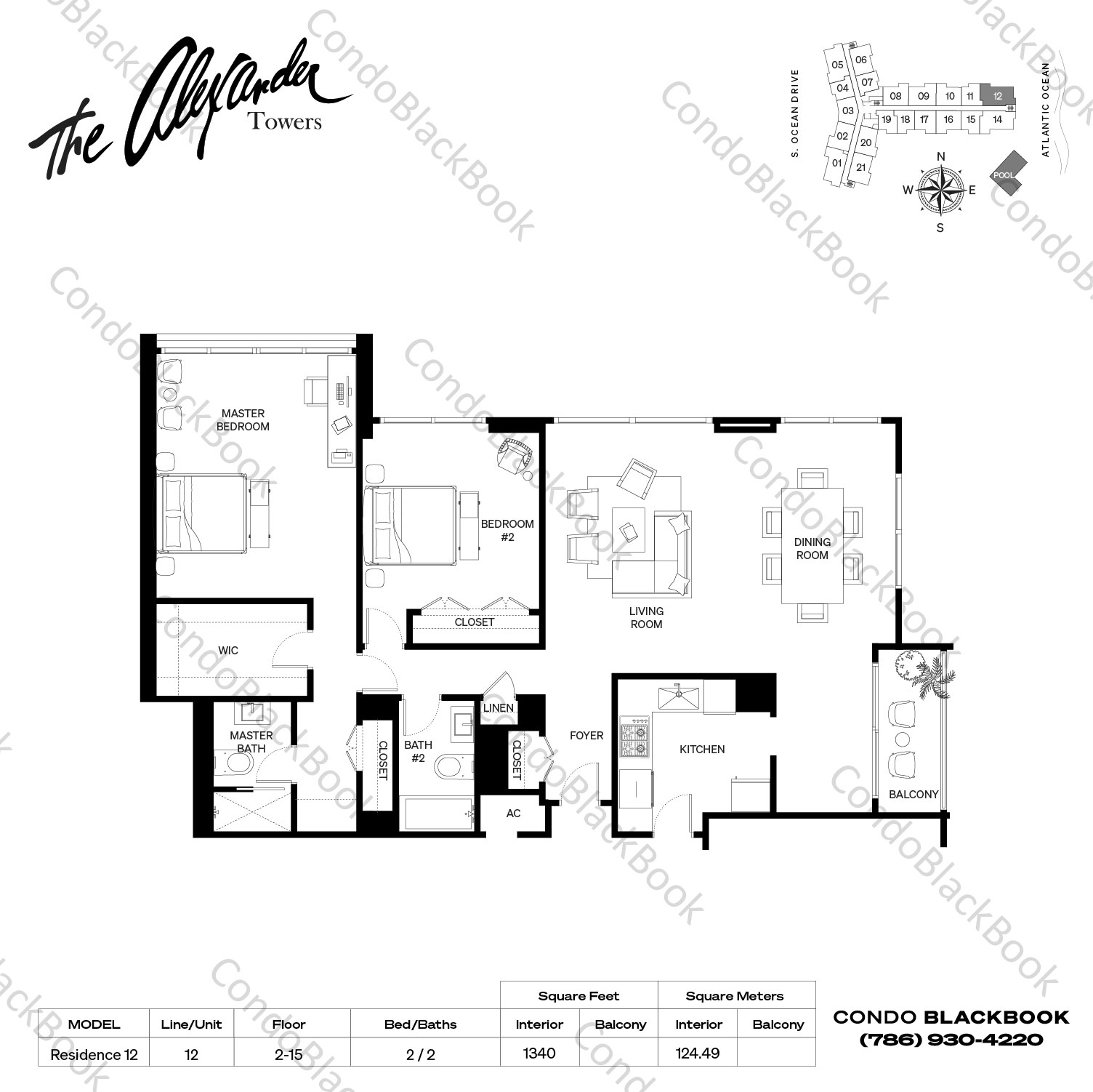 Floor plan for Alexander Towers Hollywood Beach Hollywood, model Residence 12, line 12, 2 / 2 bedrooms, 1340 sq ft