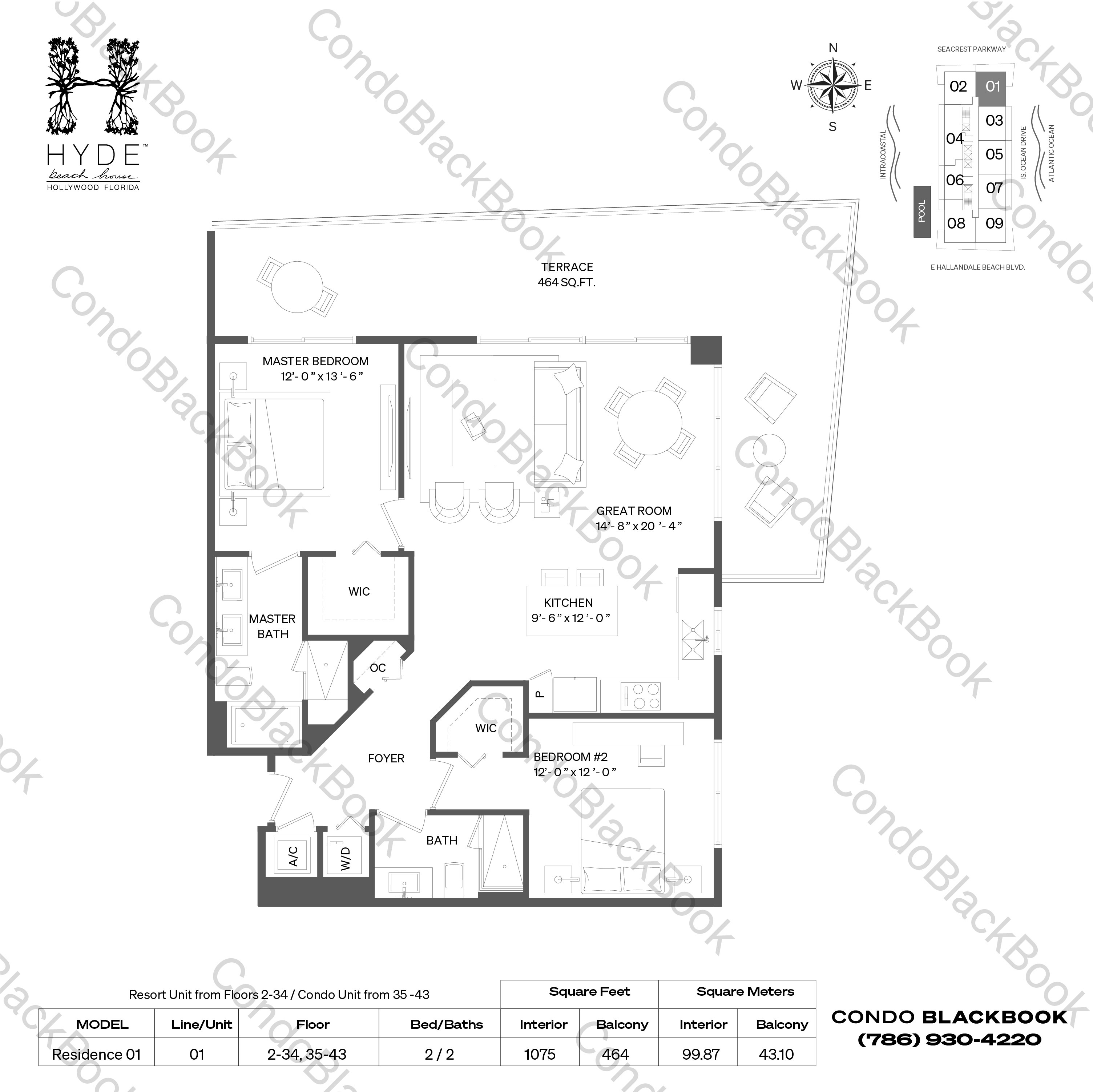 Floor plan for Hyde Beach House Hollywood Beach Hollywood, model Residence 01, line 01, 2 / 2 bedrooms, 1075 sq ft