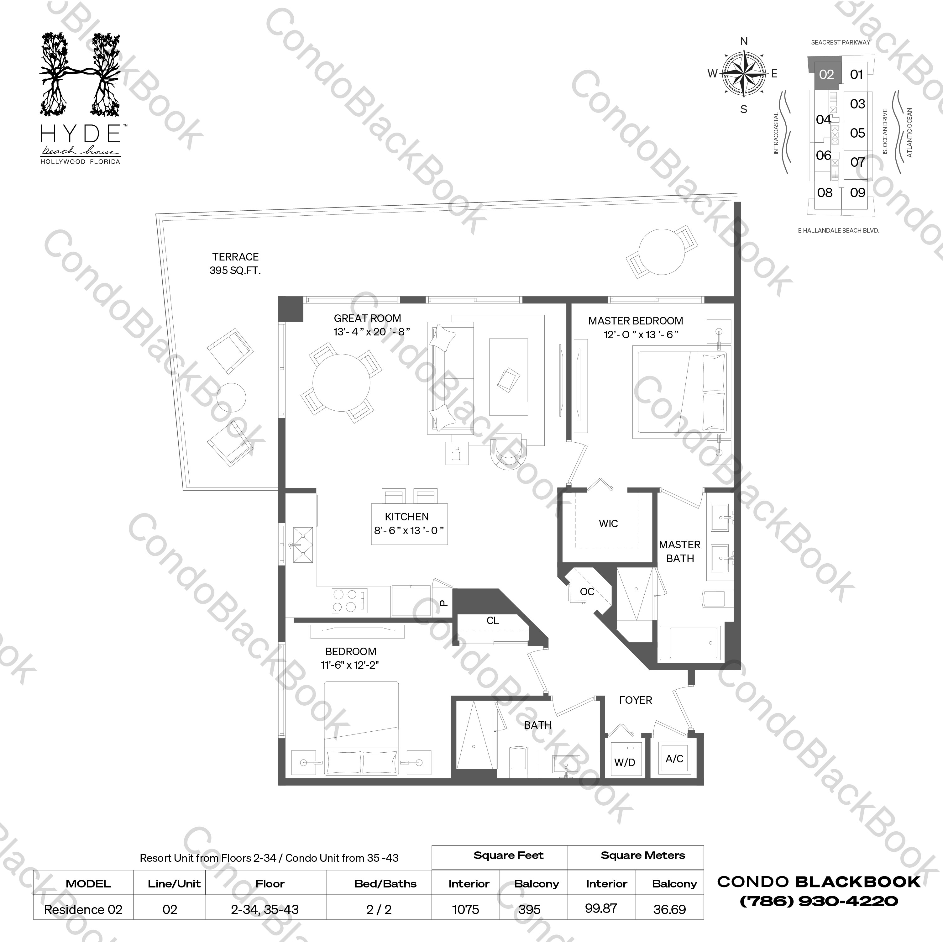 Floor plan for Hyde Beach House Hollywood Beach Hollywood, model Residence 02, line 02, 2 / 2 bedrooms, 1075 sq ft