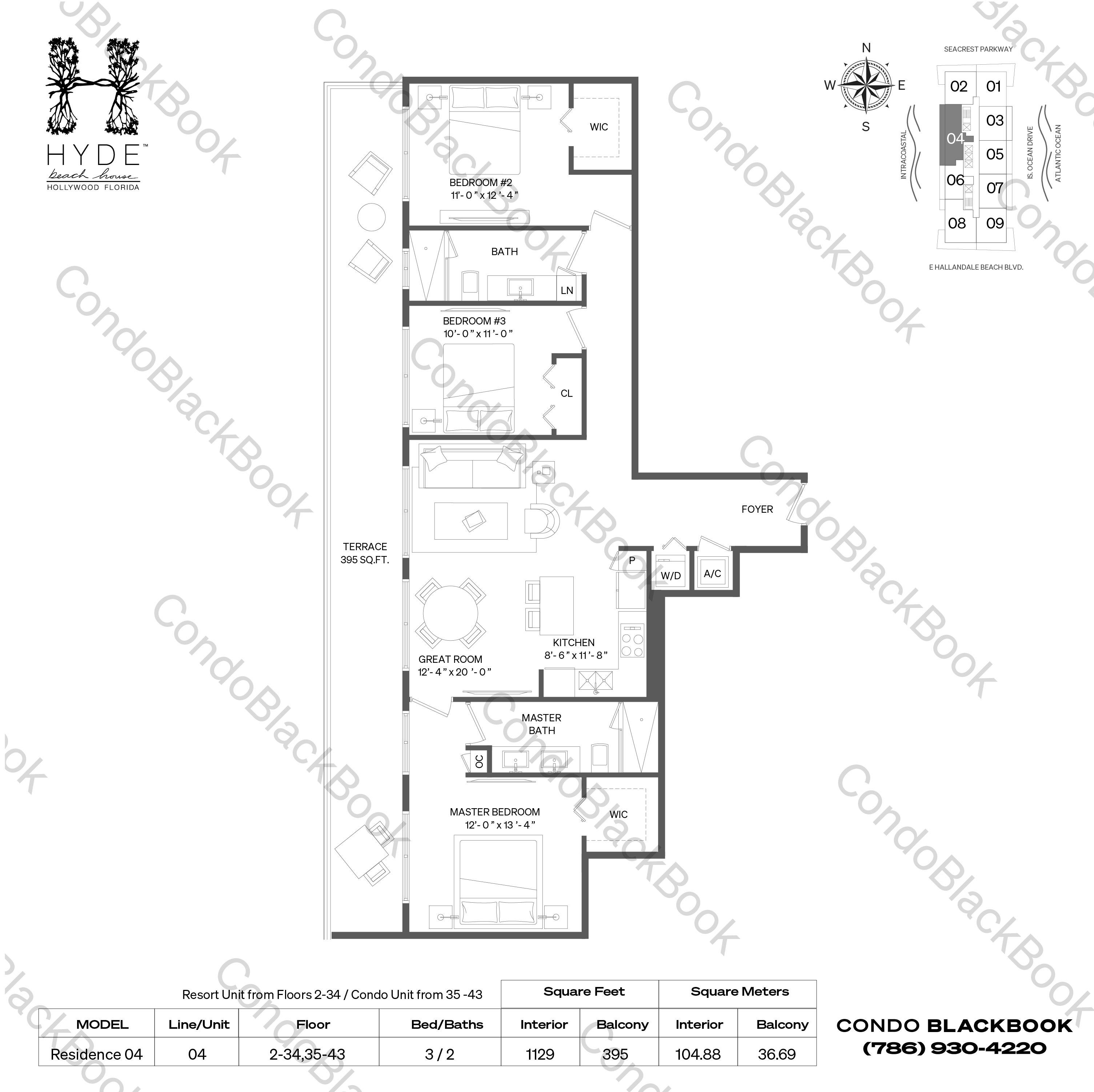 Floor plan for Hyde Beach House Hollywood Beach Hollywood, model Residence 04, line 04, 3 / 2 bedrooms, 1129 sq ft