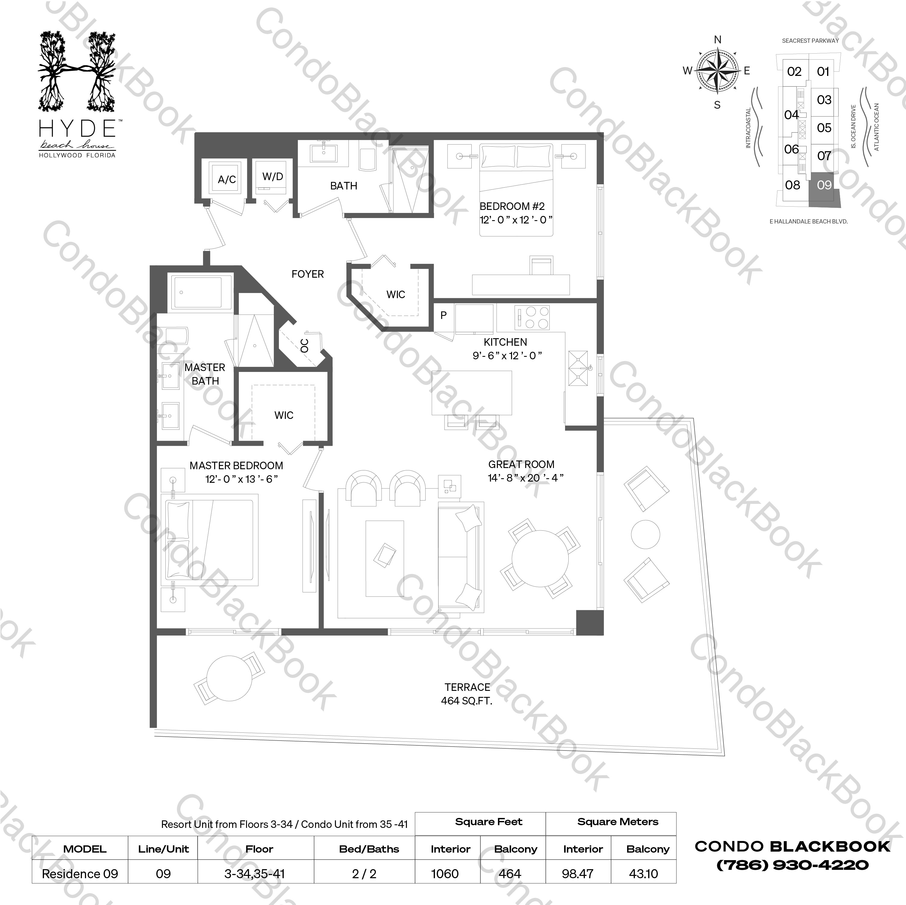 Floor plan for Hyde Beach House Hollywood Beach Hollywood, model Residence 09, line 09, 2 / 2 bedrooms, 1060 sq ft