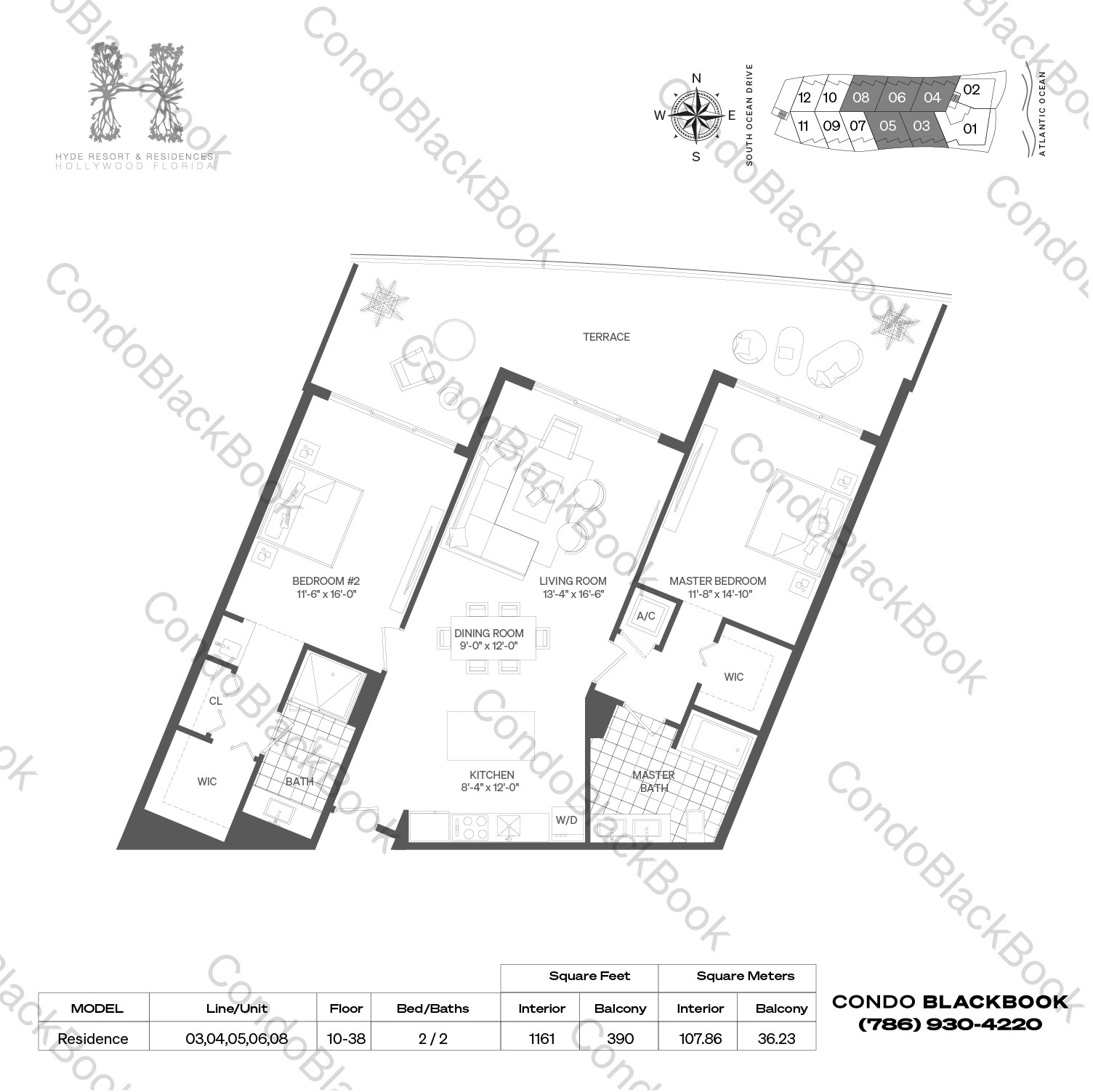 Floor plan for Hyde Resorts & Residences Hollywood Beach Hollywood, model Residence 03,04,05,06,08, line 03,04,05,06,08, 2 / 2 bedrooms, 1161 sq ft