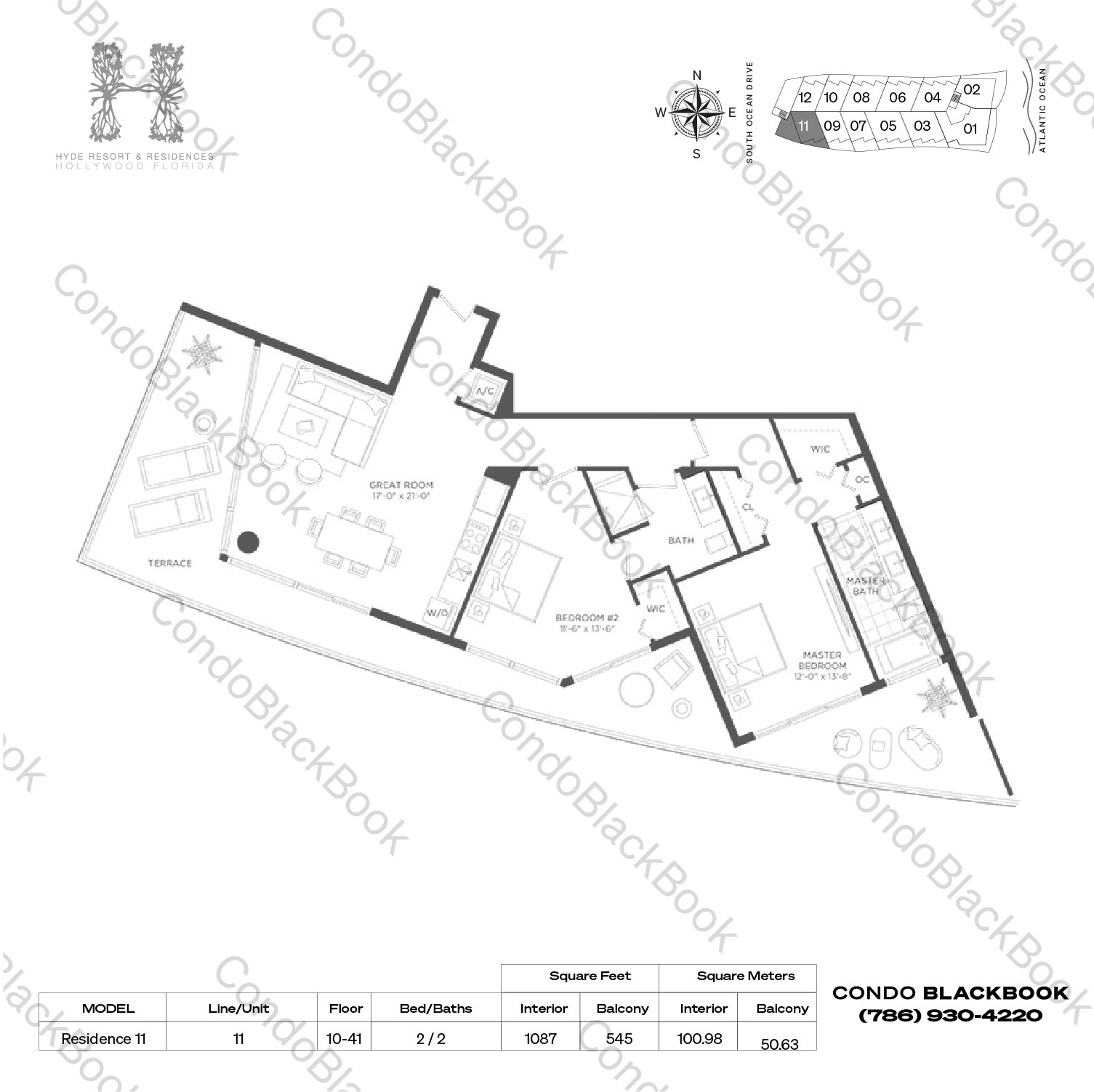Floor plan for Hyde Resorts & Residences Hollywood Beach Hollywood, model Residence 11, line 11, 2 / 2 bedrooms, 1087 sq ft