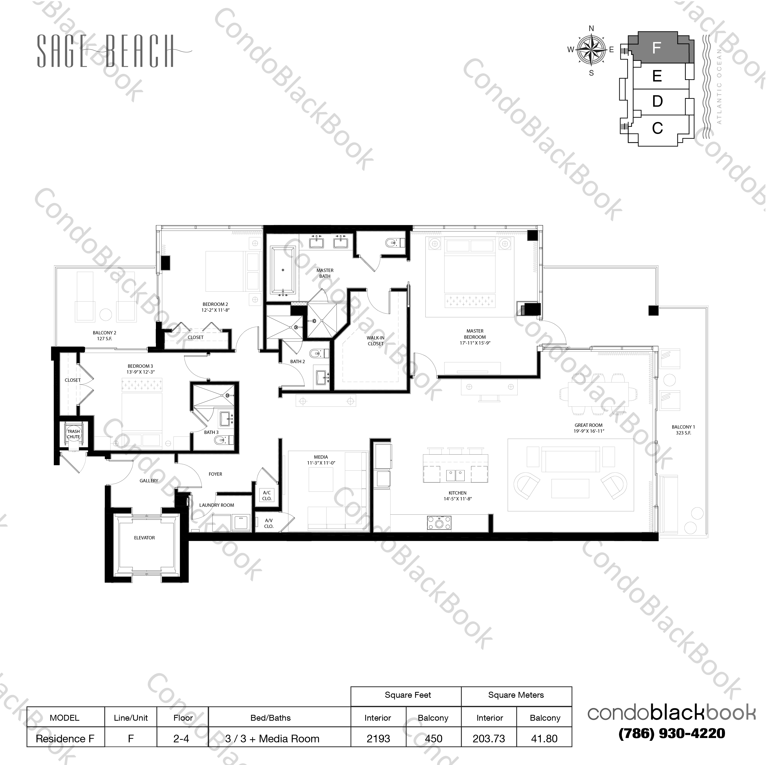 Floor plan for Sage Beach Hollywood Beach Hollywood, model Residence F, line F, 3 / 3 + Media Room bedrooms, 2193 sq ft