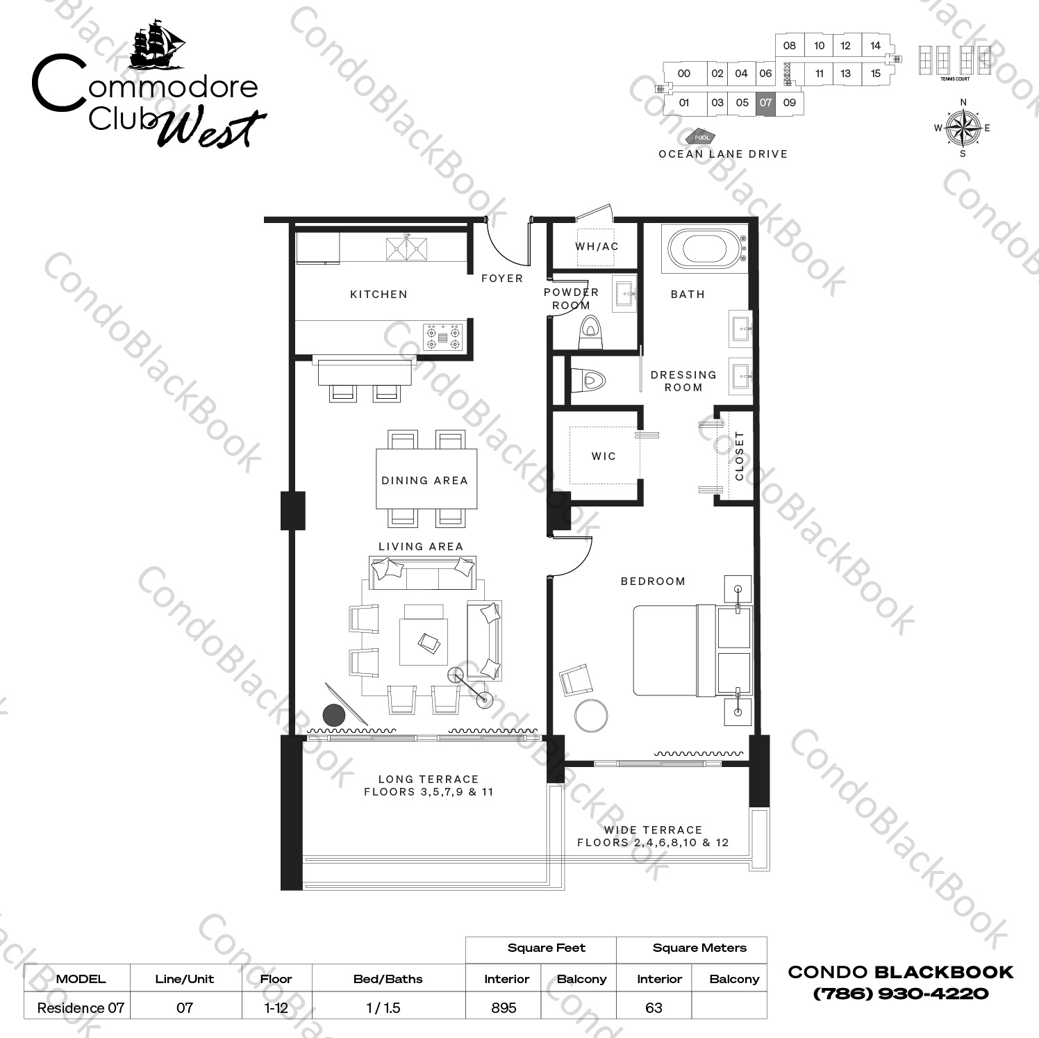 Floor plan for Commodore Club West Key Biscayne, model Residence 07, line 07, 1 / 1.5 bedrooms, 895 sq ft