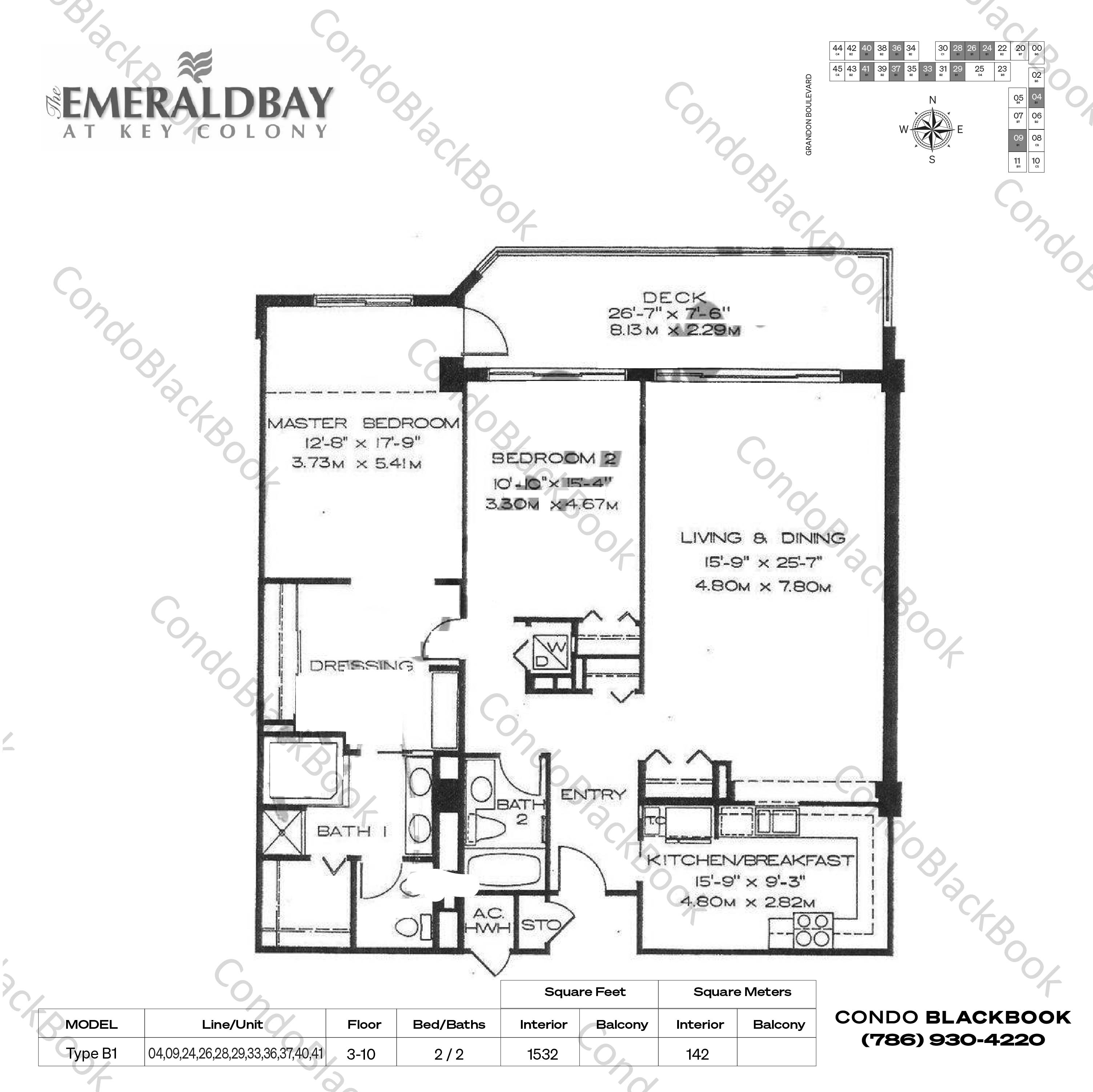 Floor plan for Key Colony III Emerald Bay Key Biscayne, model Type B1, line 04,09,24,26,28,29,33,36,37,40,41, 2 / 2 bedrooms, 1532 sq ft