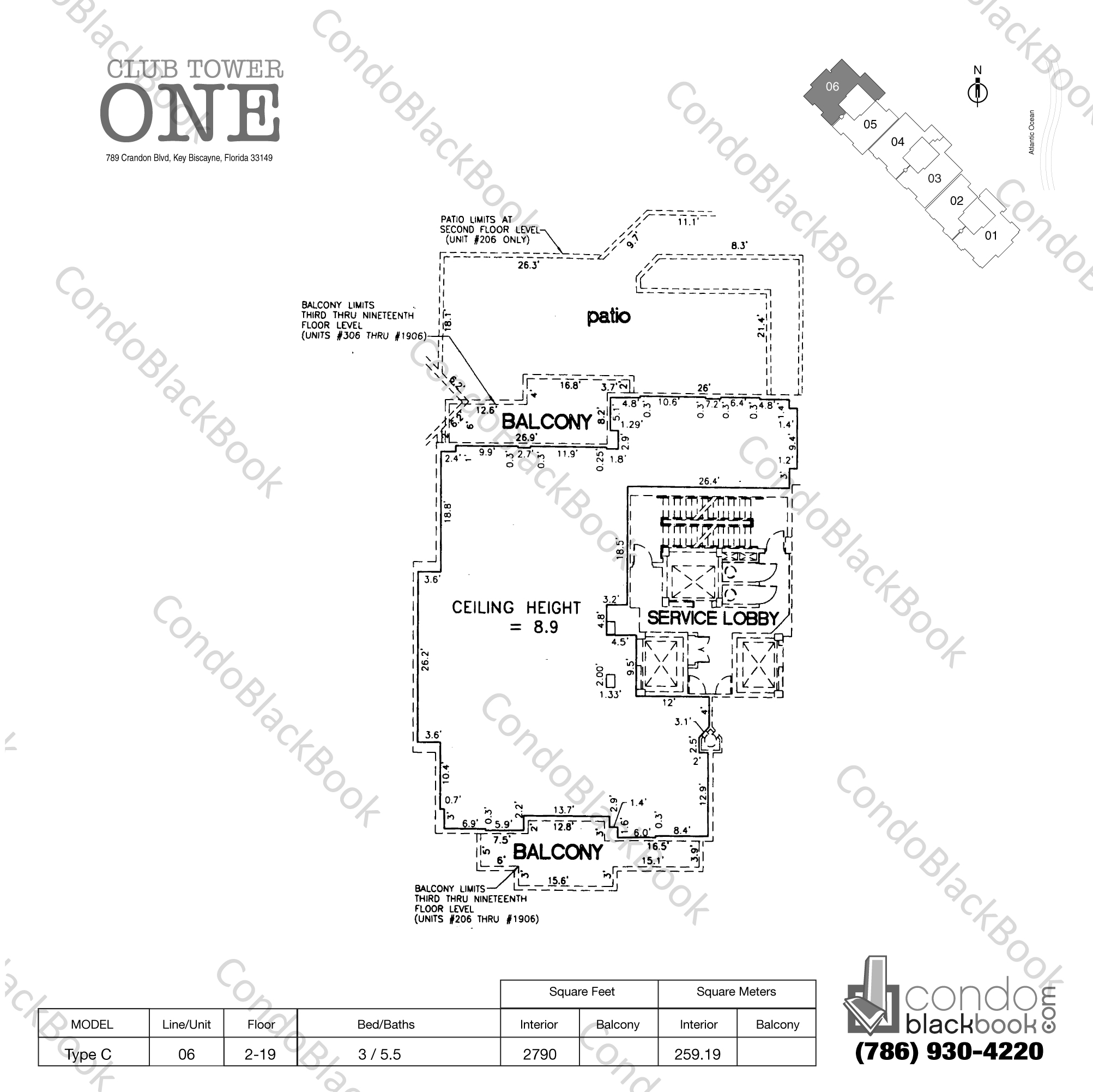 Floor plan for Ocean Club - Club Tower One Key Biscayne, model Type C, line 06, 3 / 5.5 bedrooms, 2790 sq ft