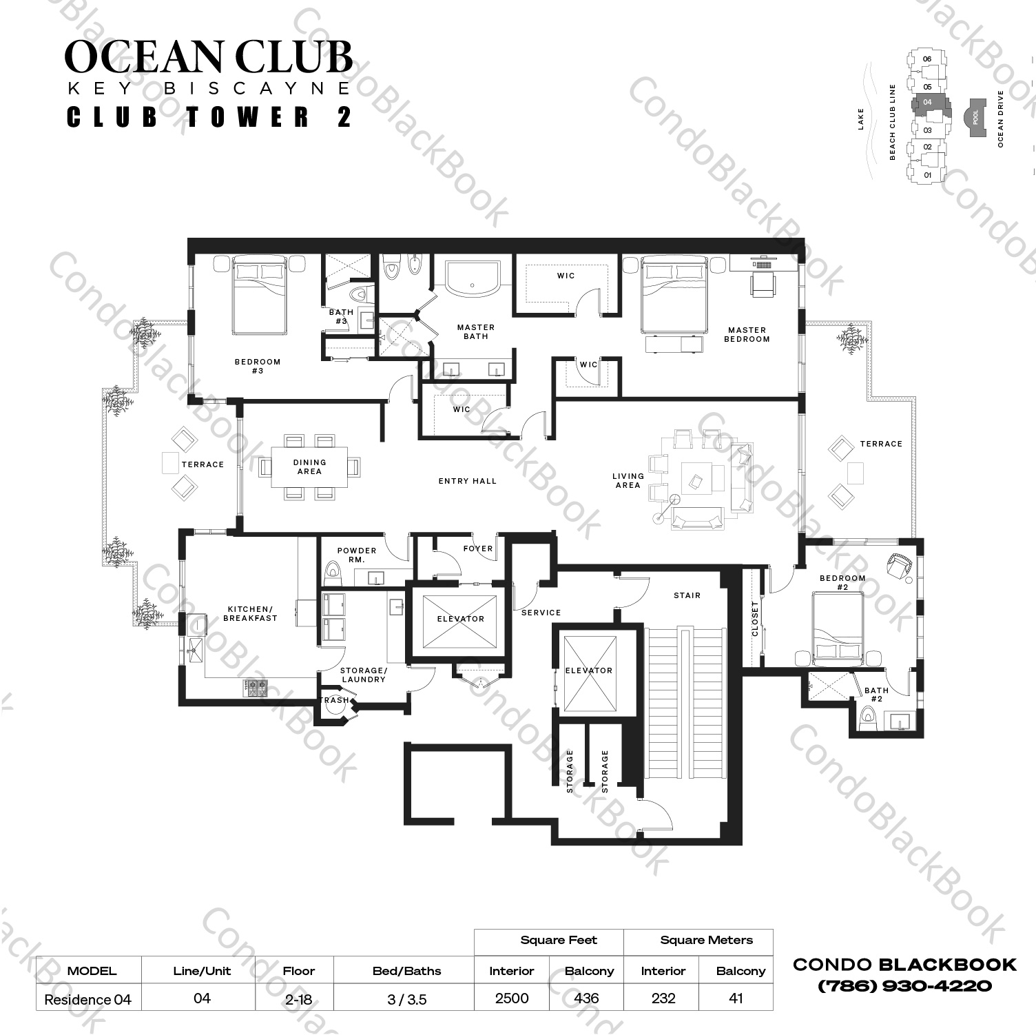 Floor plan for Ocean Club - Club Tower Two Key Biscayne, model Residence 04, line 04, 3 / 3.5 bedrooms, 2500 sq ft
