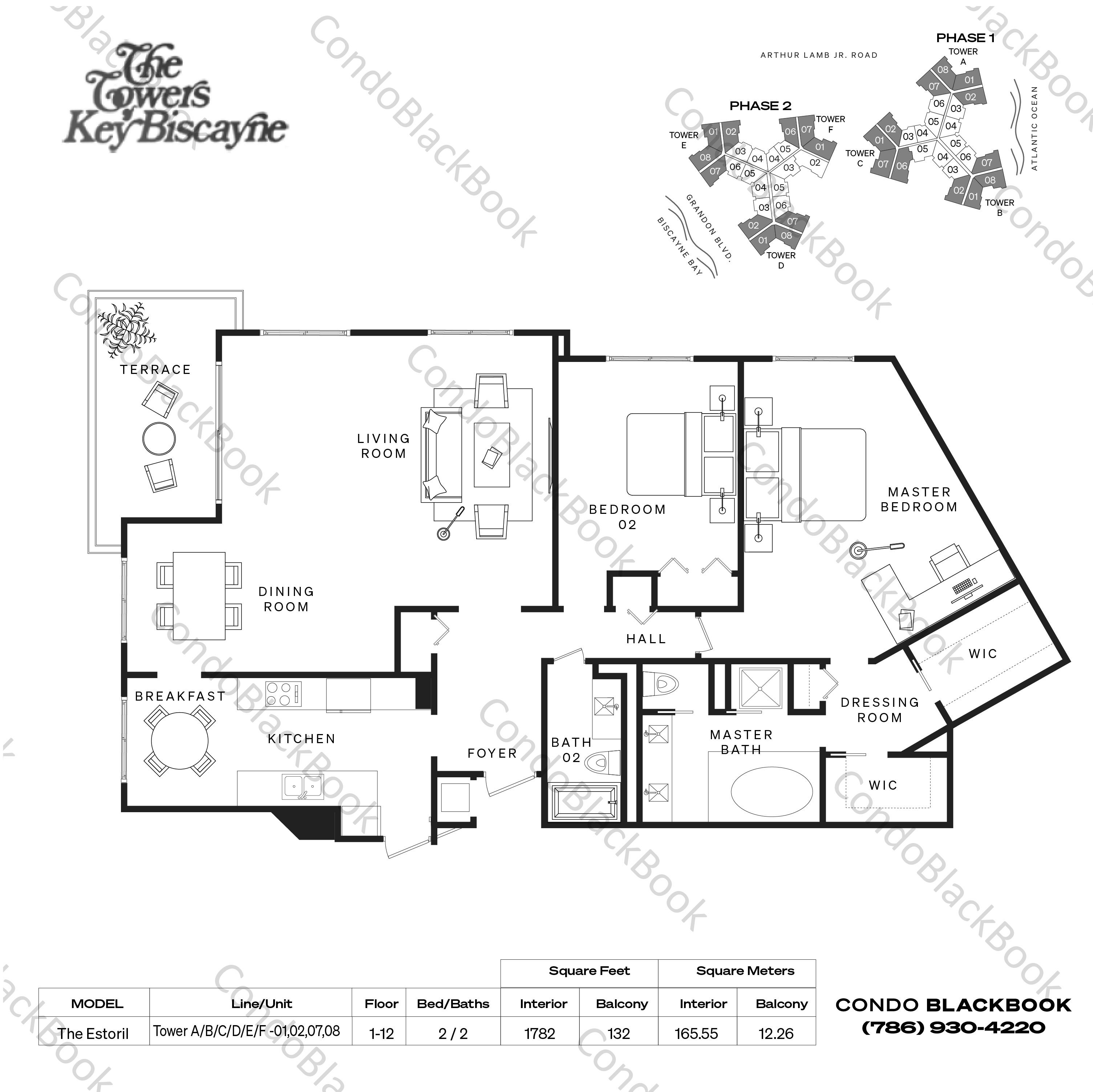 Floor plan for Towers of Key Biscayne Key Biscayne, model The Estoril, line Tower A/B/C/D/E/F, 01,02,07,08, 2 / 2 bedrooms, 1782 sq ft