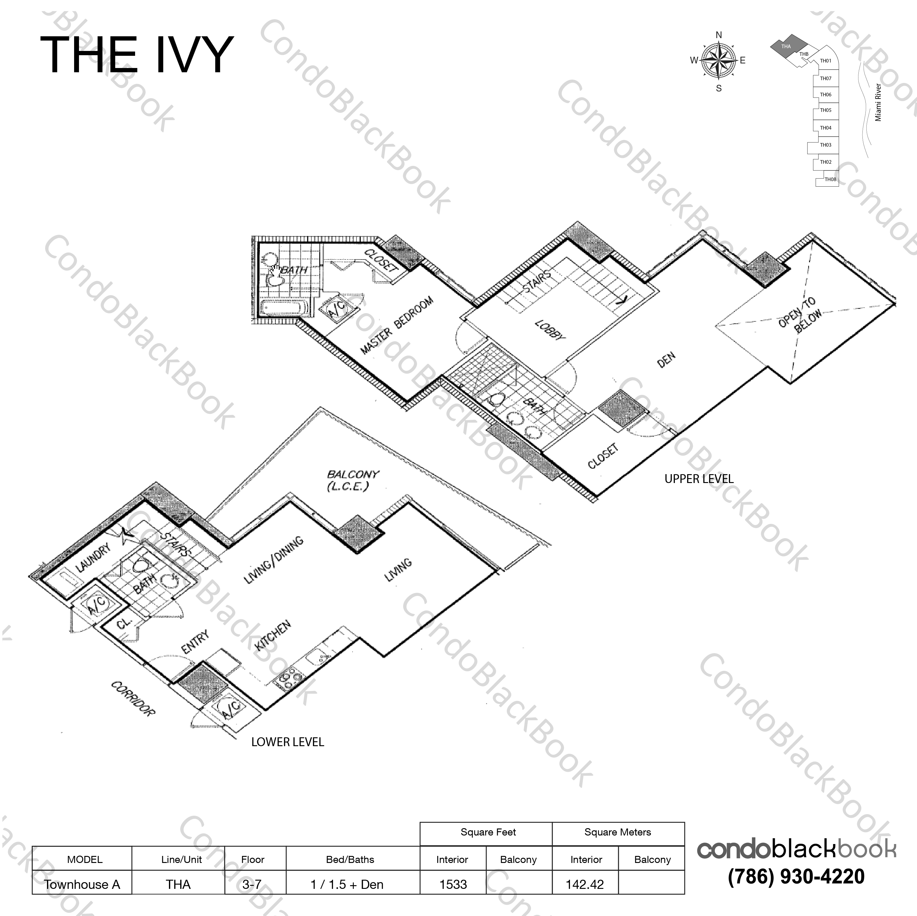 Floor plan for Ivy Miami River Miami, model Townhouse A, line THA, 1 / 1.5 + Den bedrooms, 1533 sq ft