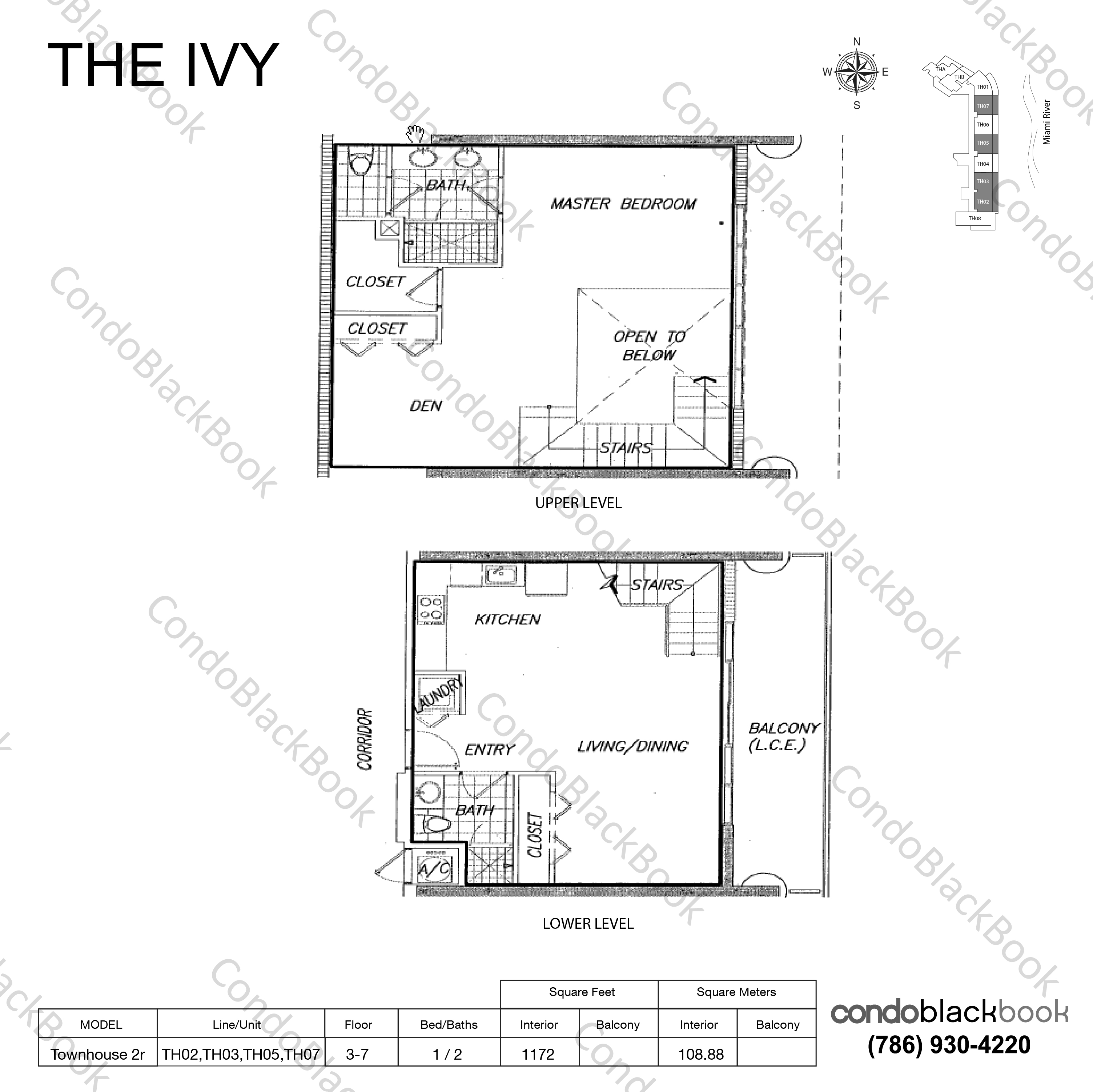 Floor plan for Ivy Miami River Miami, model Townhouse 2r, line TH02,TH03,TH05,TH07, 1 / 2 bedrooms, 1172 sq ft
