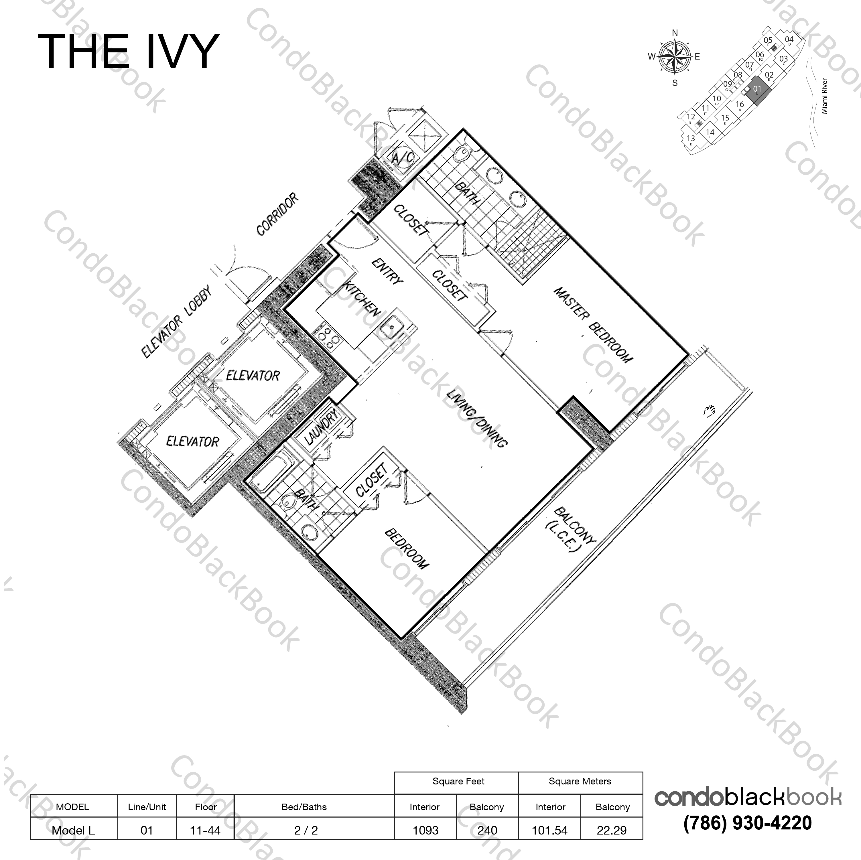 Floor plan for Ivy Miami River Miami, model Model L, line 01, 2 / 2 bedrooms, 1093 sq ft