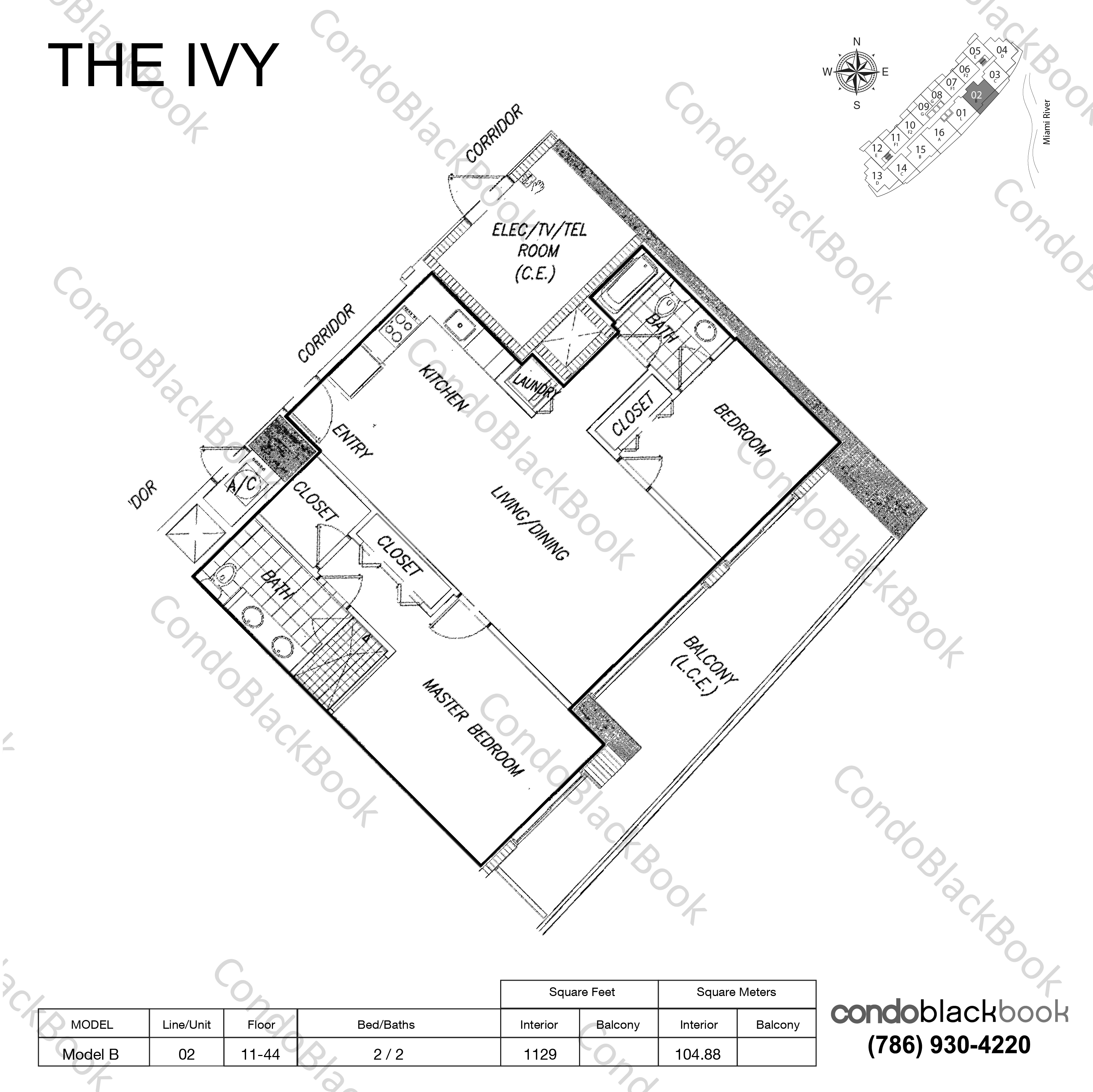 Floor plan for Ivy Miami River Miami, model Model B , line 02, 2 / 2 bedrooms, 1129 sq ft