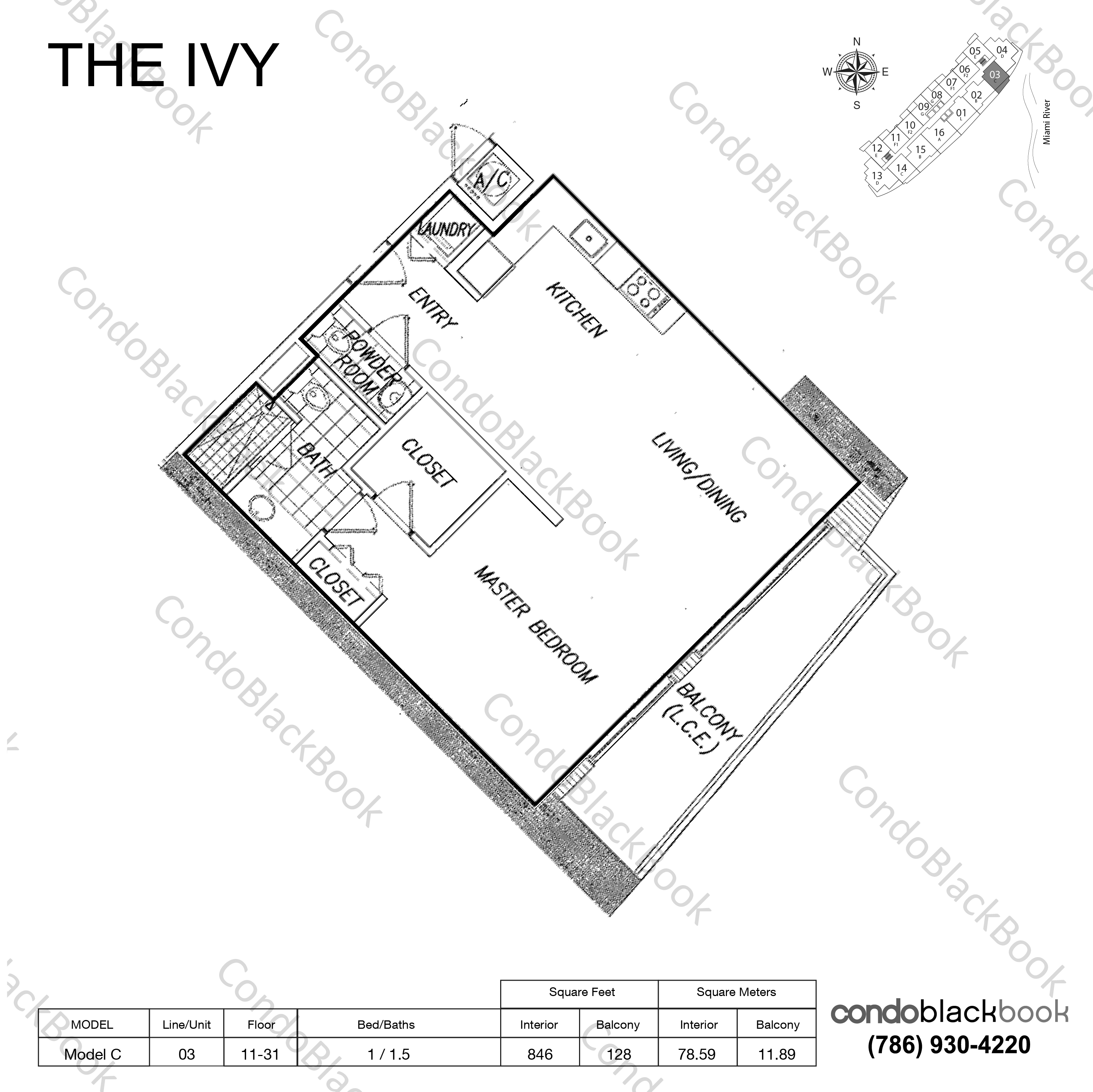 Floor plan for Ivy Miami River Miami, model Model C, line 03, 1 / 1.5 bedrooms, 846 sq ft