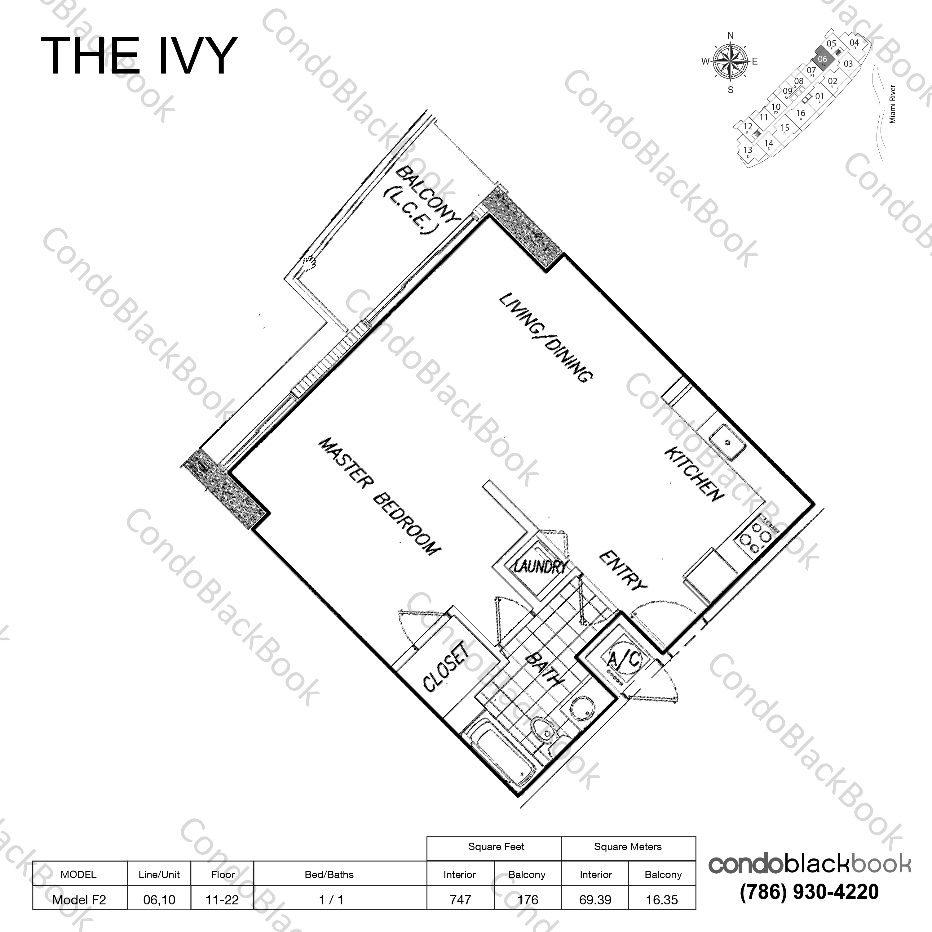 Floor plan for Ivy Miami River Miami, model Model F2, line 06,10, 1 / 1 bedrooms, 747 sq ft