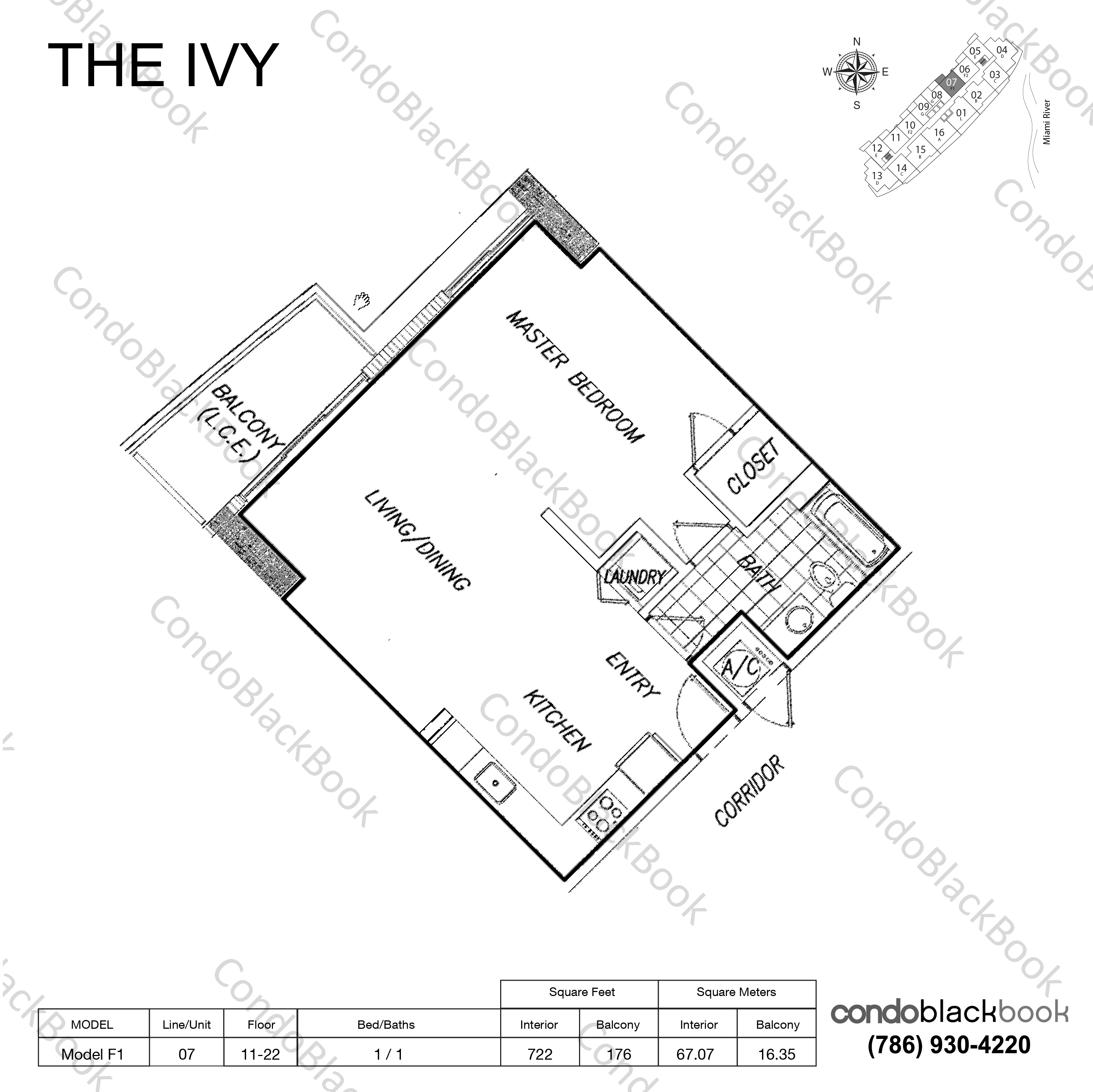 Floor plan for Ivy Miami River Miami, model Model F1, line 07,11, 1 / 1 bedrooms, 747 sq ft