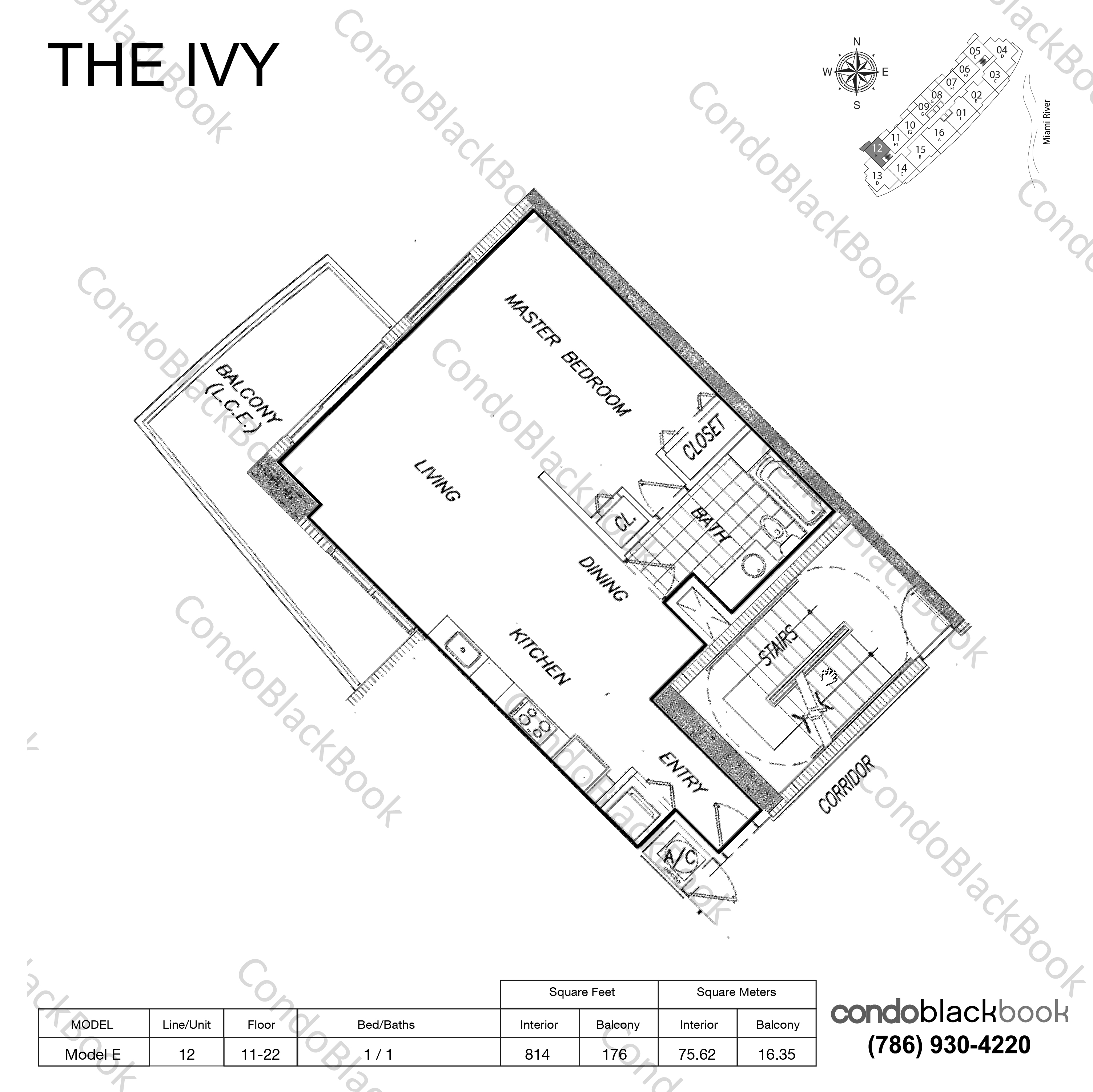 Floor plan for Ivy Miami River Miami, model Model E, line 12, 1 / 1 bedrooms, 814 sq ft