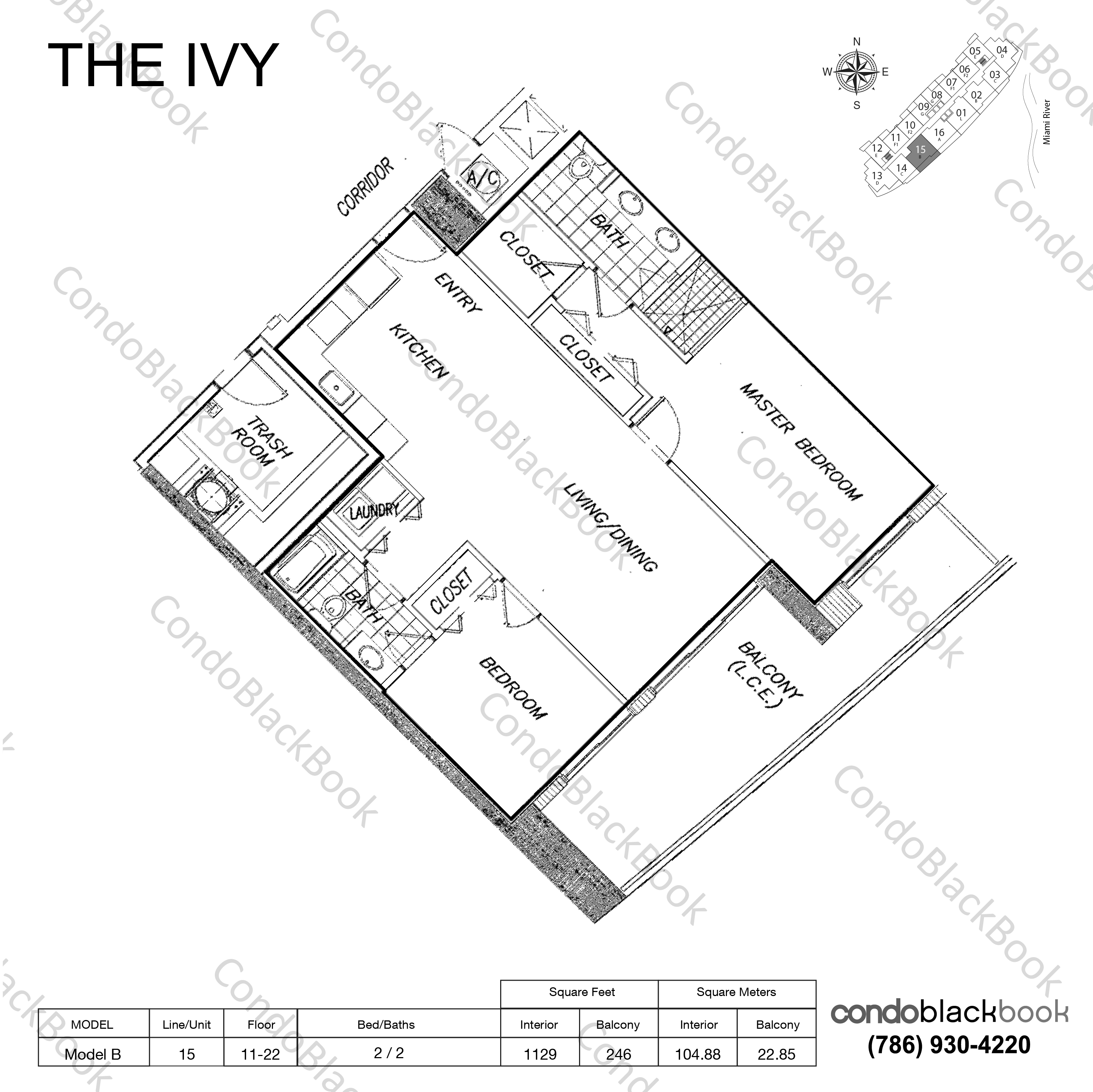 Floor plan for Ivy Miami River Miami, model Model B, line 15, 2 / 2 bedrooms, 1129 sq ft