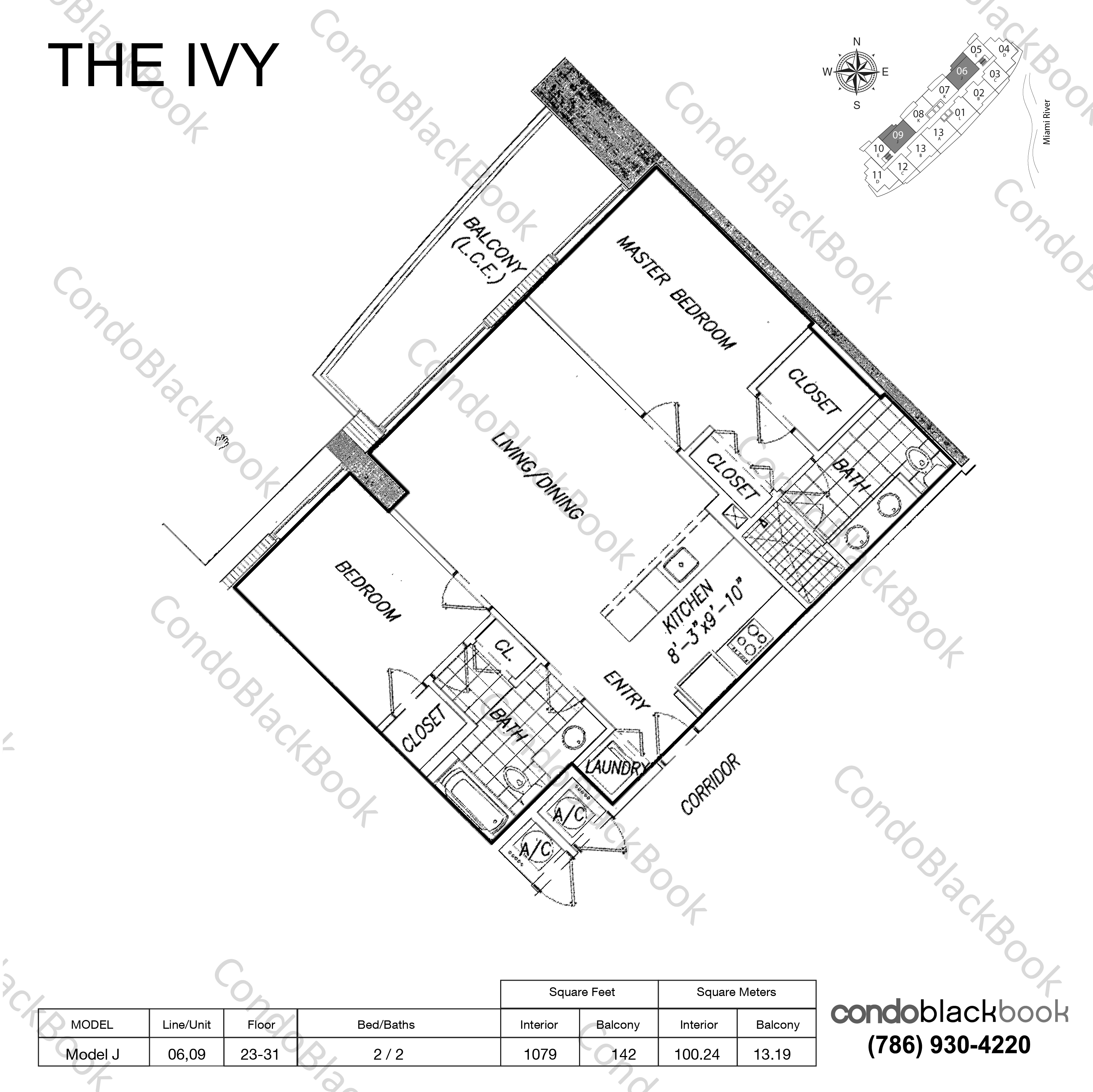 Floor plan for Ivy Miami River Miami, model Model J, line 06,09, 2 / 2 bedrooms, 1079 sq ft