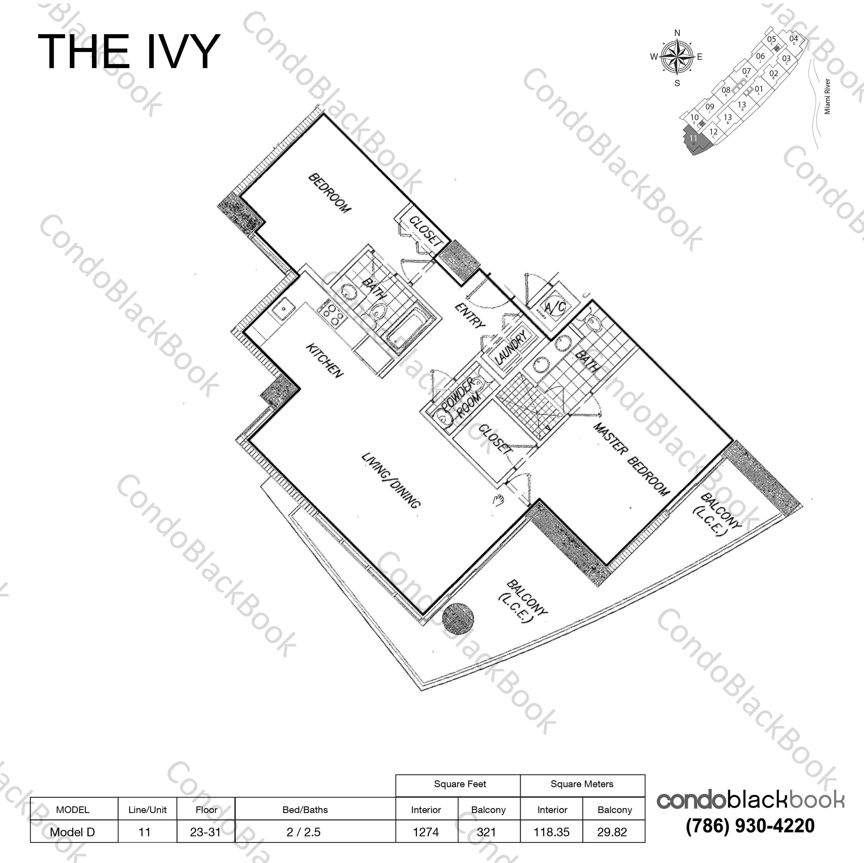 Floor plan for Ivy Miami River Miami, model Model D, line 11, 2 / 2.5 bedrooms, 1274 sq ft