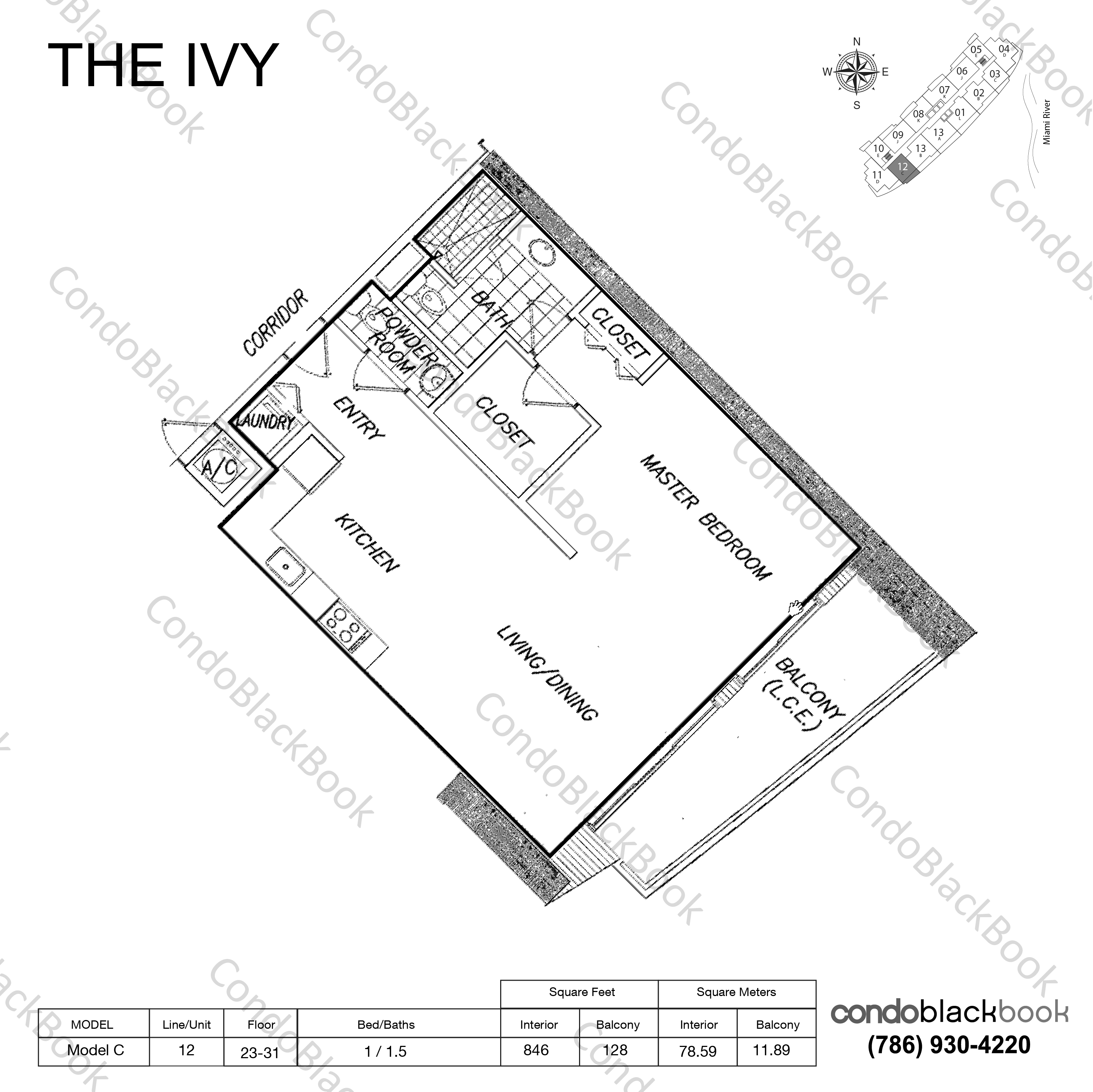 Floor plan for Ivy Miami River Miami, model Model C, line 12, 1 / 1.5 bedrooms, 846 sq ft