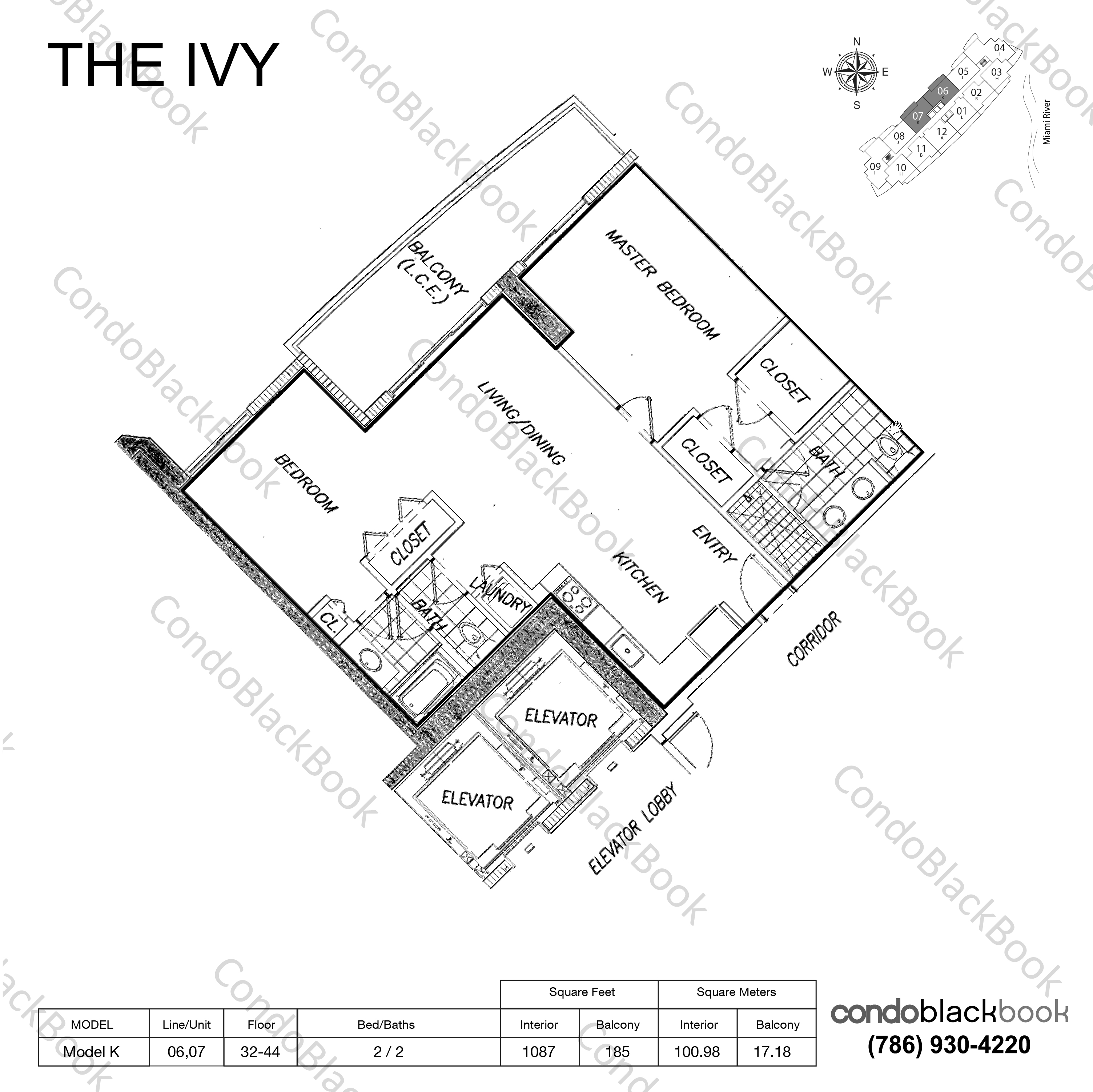 Floor plan for Ivy Miami River Miami, model Model K, line 06,07, 2 / 2 bedrooms, 1087 sq ft