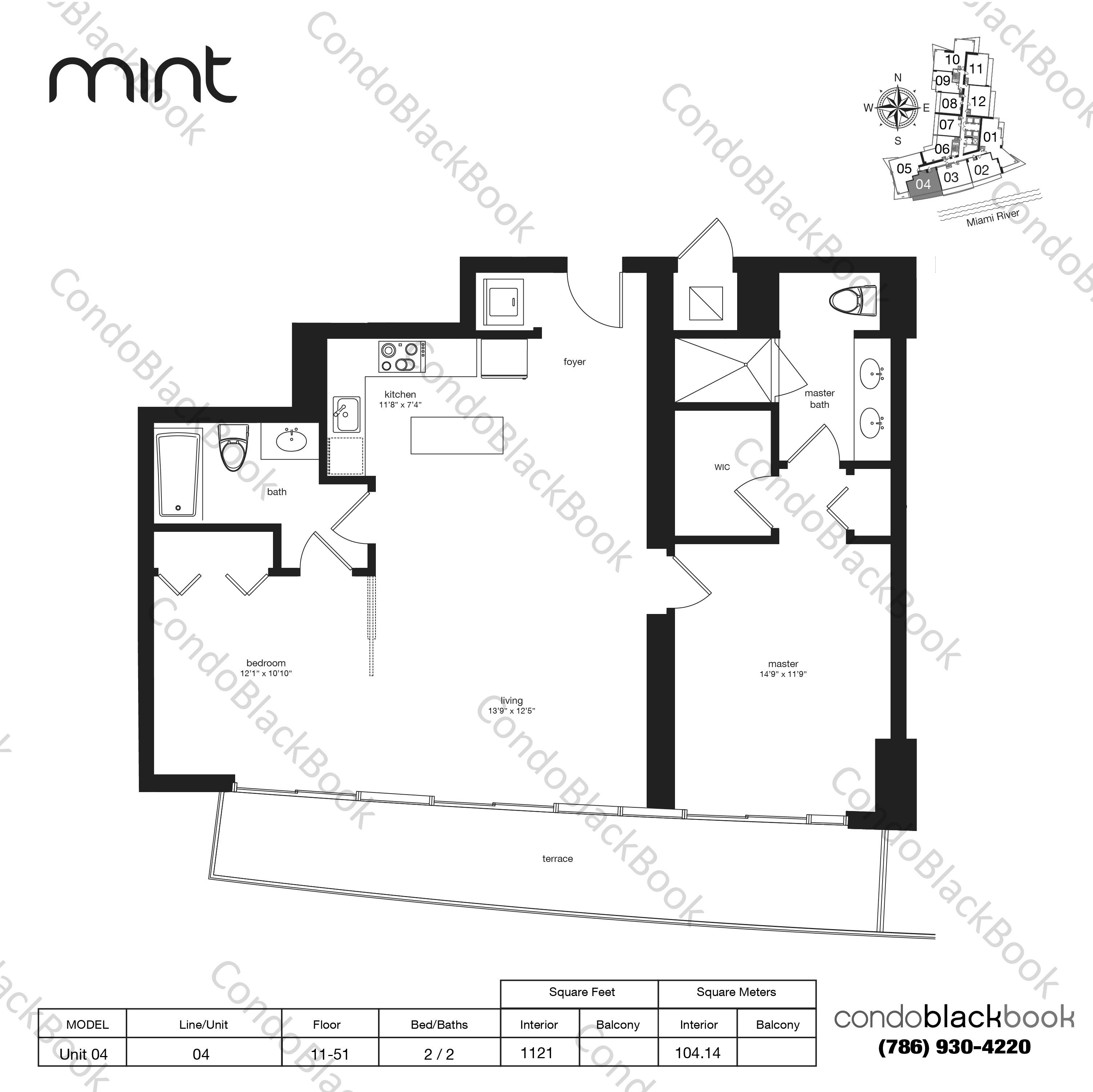 Floor plan for Mint Miami River Miami, model Unit 04, line 04, 2/2 bedrooms, 1121 sq ft
