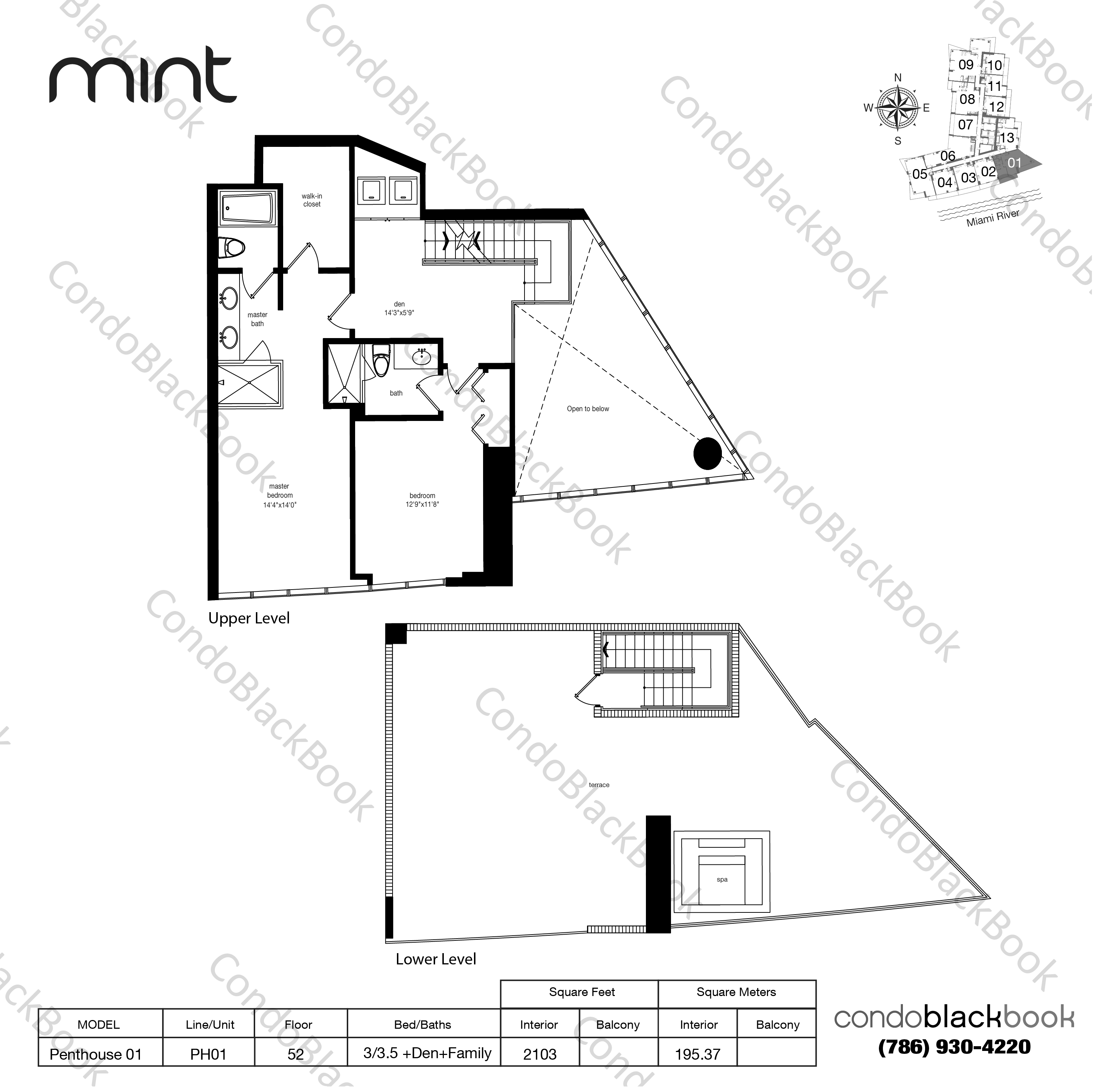 Floor plan for Mint Miami River Miami, model Penthouse 01, line PH01, 3/3.5 +Den+Family bedrooms, 2103 sq ft