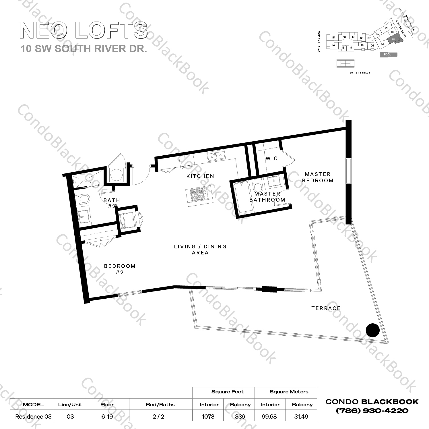 Floor plan for Neo Lofts Miami River Miami, model Residence 03, line 03, 2 / 2 bedrooms, 1073 sq ft