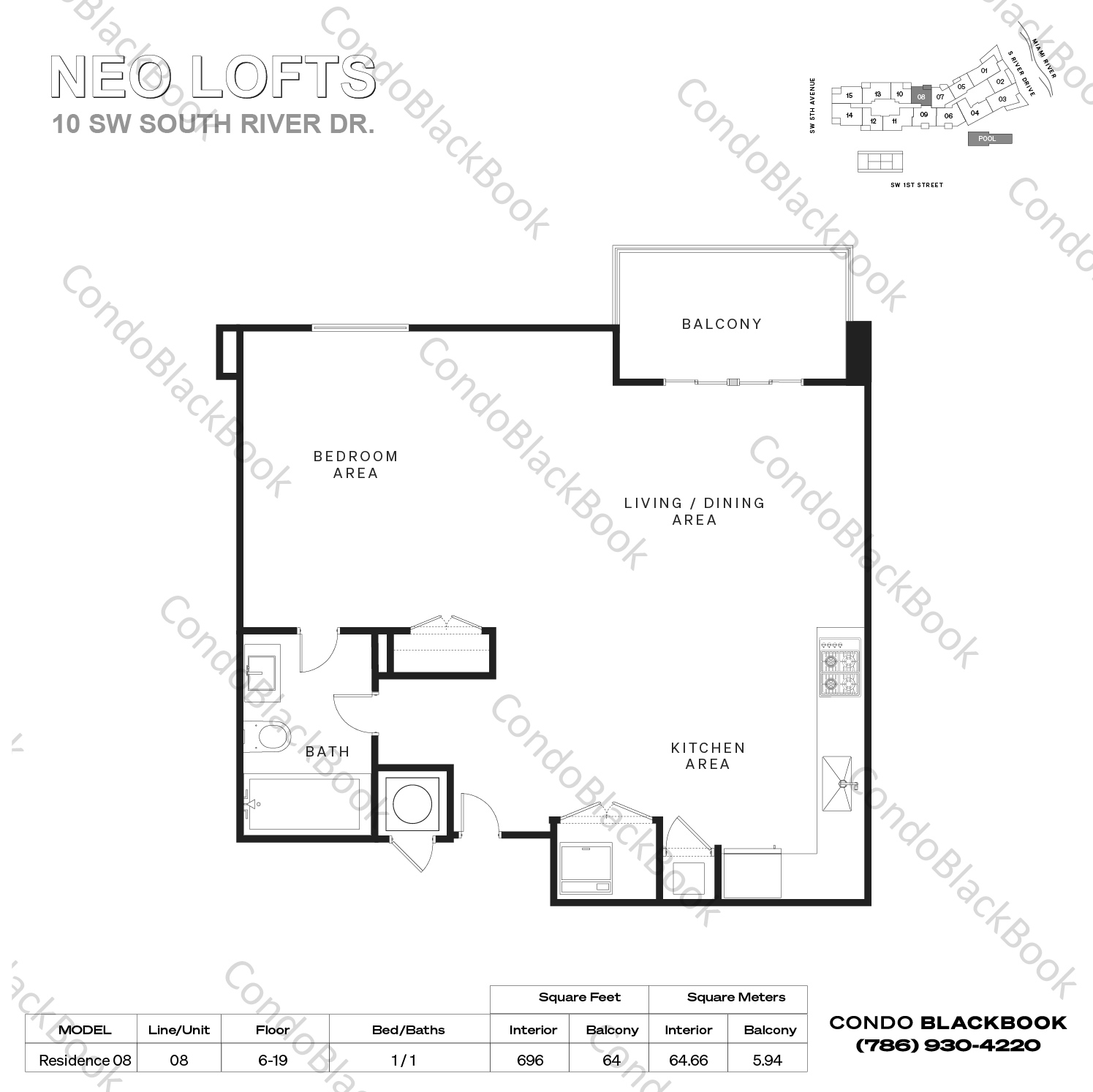 Floor plan for Neo Lofts Miami River Miami, model Residence 08, line 08, 1 / 1 bedrooms, 696 sq ft
